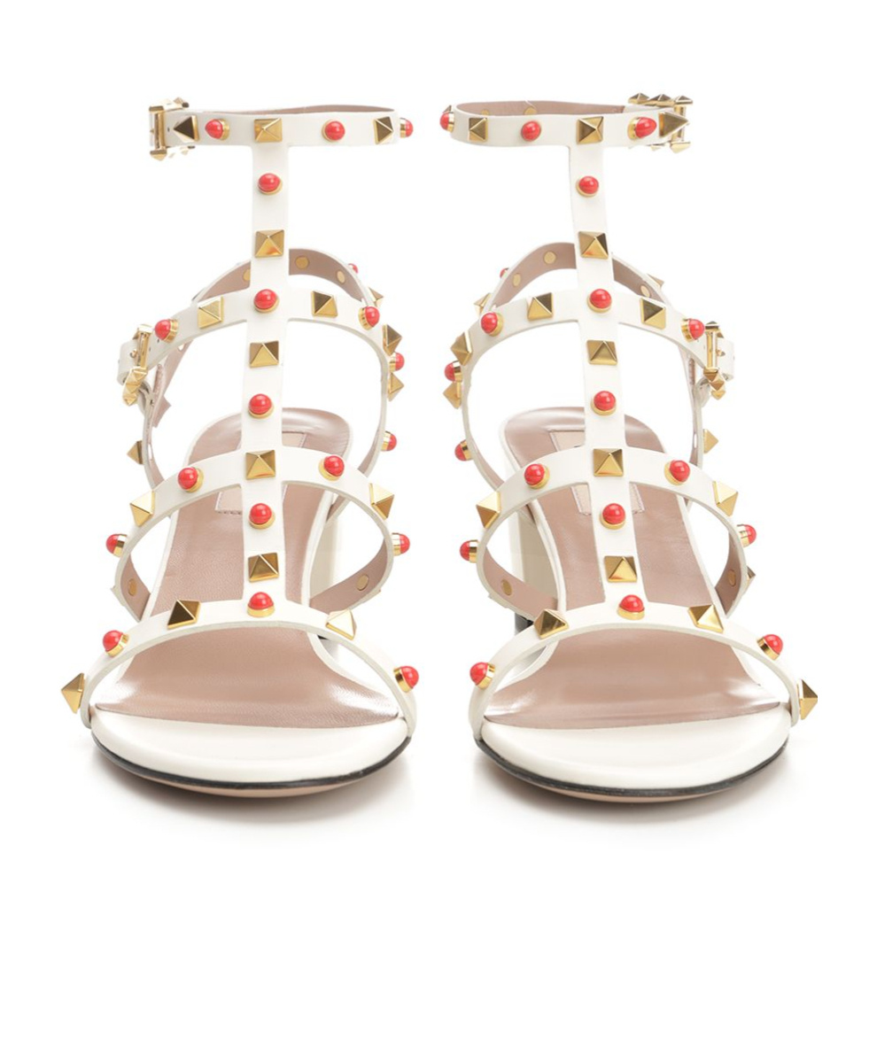 Valentino Rockstud Caged Ankle-strap Leather Sandals In White