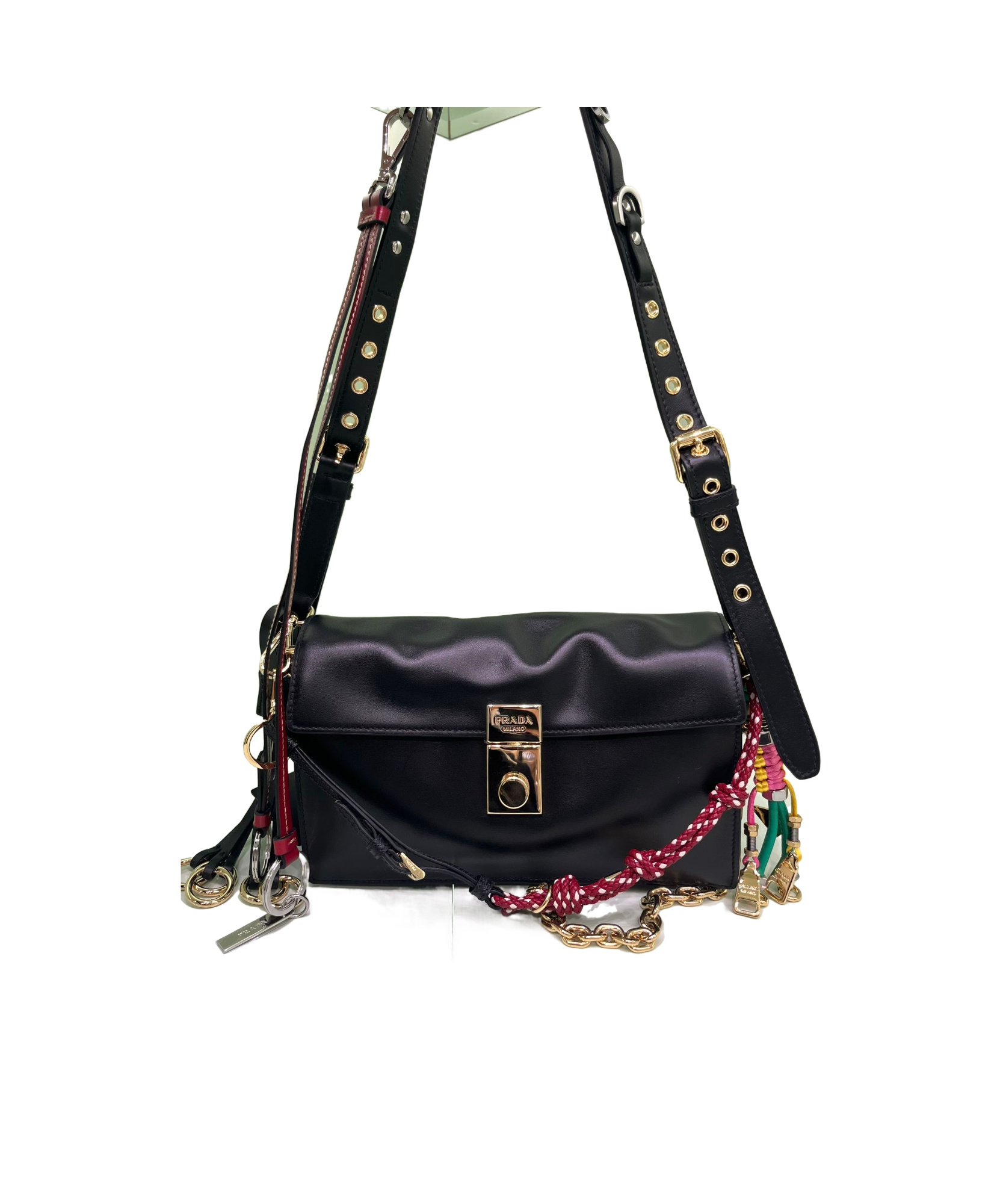 Prada Soft Sound Large Leather Shoulder Bag With Charms In Black