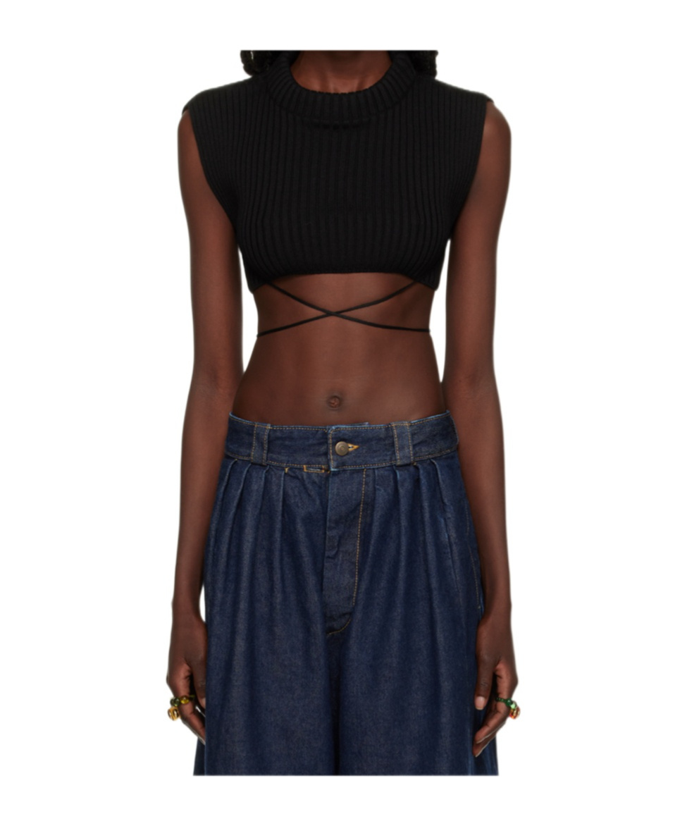 Jean Paul Gaultier Black Tied Crop Tank Top In Black