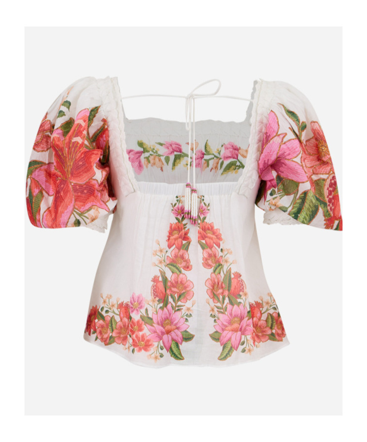 Farm Rio Summer Fruit Cotton Puff-sleeve Square-neck Blouse In White