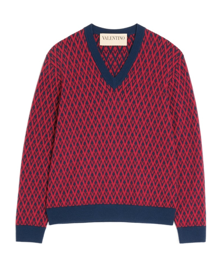 Valentino Wool Jumper With Toute La V Jacquard Pattern In Brown