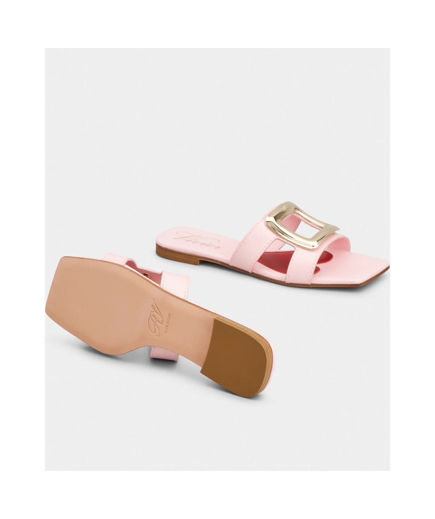 Roger Vivier 5mm New Metal Buckle Leather Slide Flats In Pink