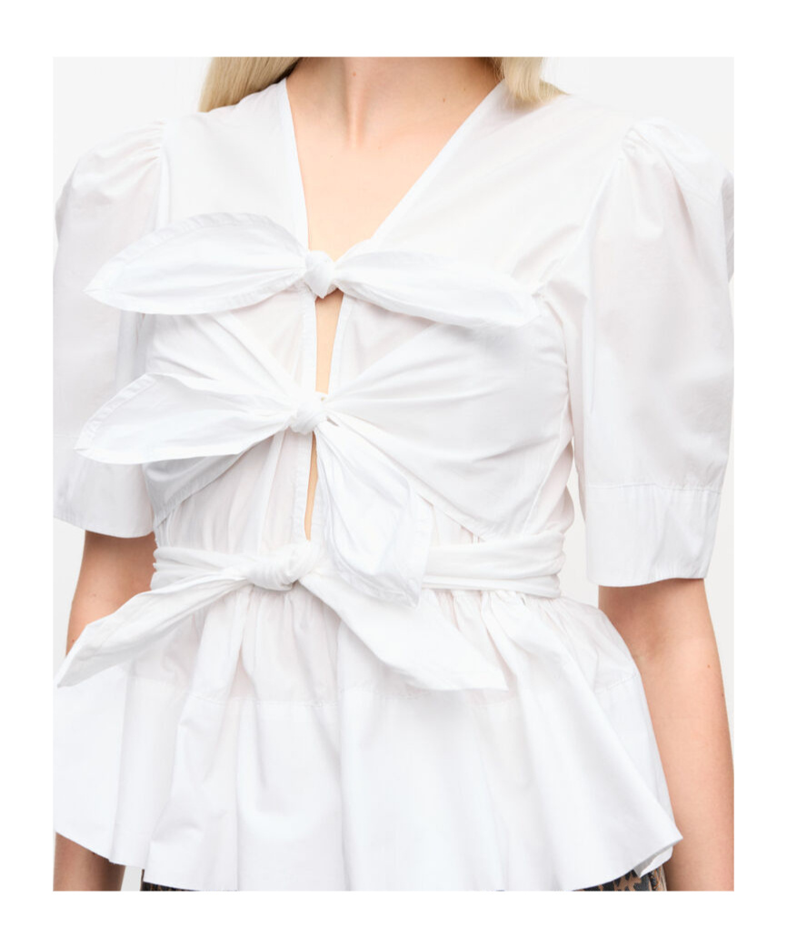 Ganni Belted Tie-detailed Gathered Cotton-blend Poplin Blouse In White