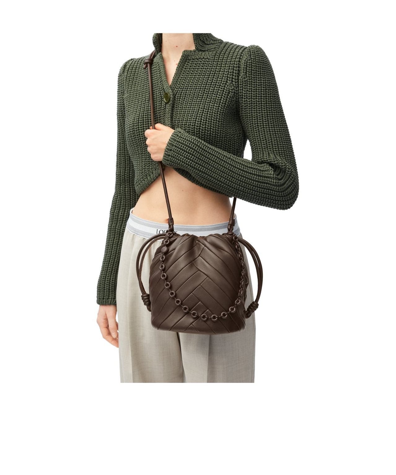 Loewe Womens Chocolate Flamenco Purse Leather Bucket Bag In Green