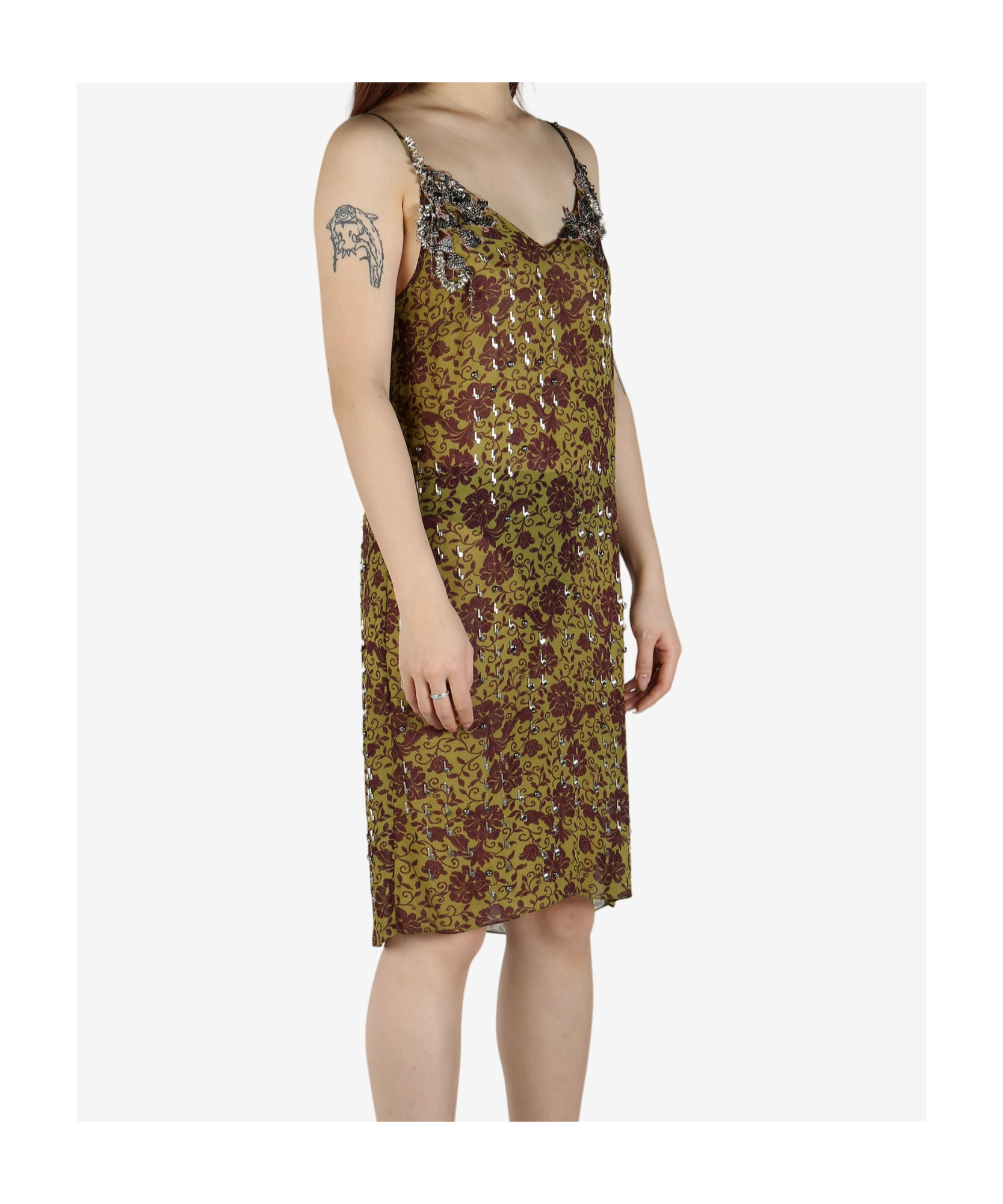 Dries Van Noten Green Beaded Midi Dress In Brown