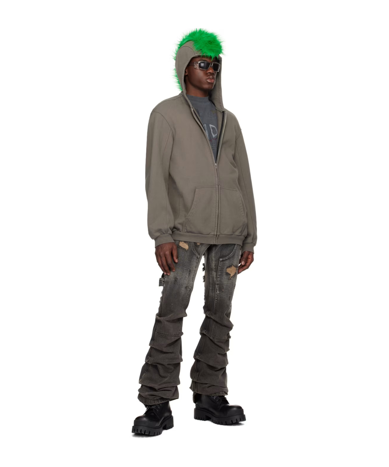 We11 Done Zipper Hooded Sweater In Green