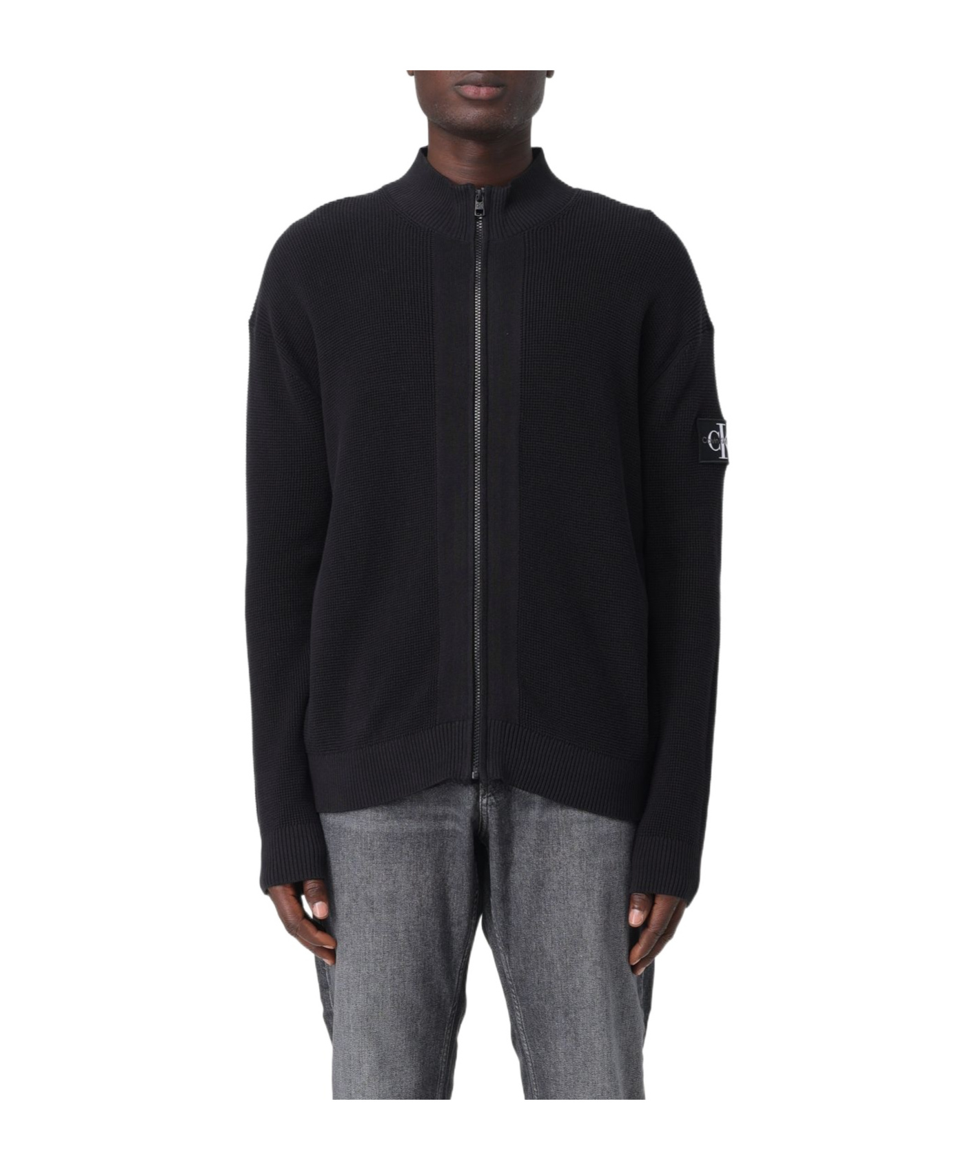 Calvin Klein Jeans Est.1978 Zip-up Waffle-knit Cardigan In Black