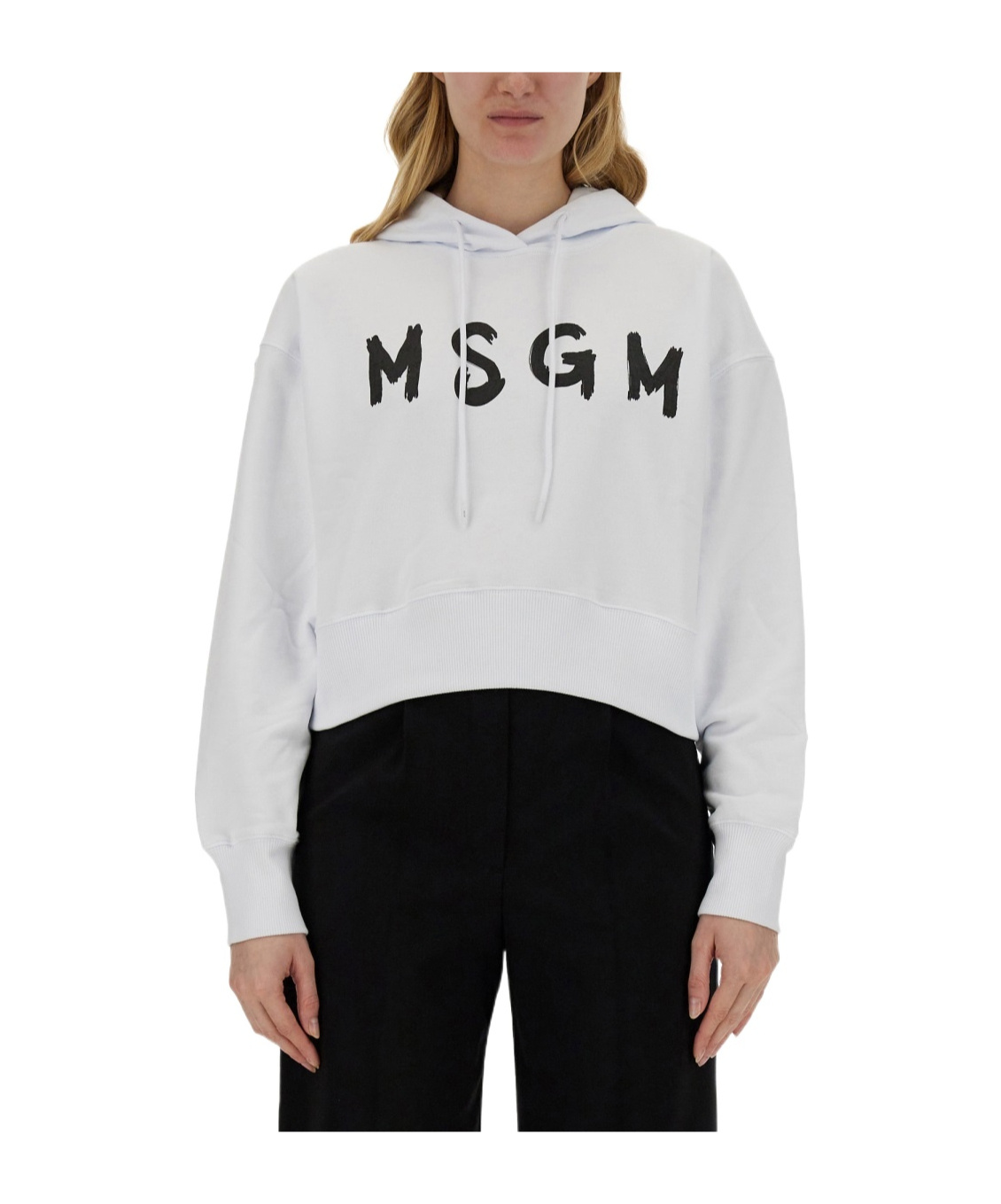 Msgm Logo Hooded Sweatshirt Ribbed Cuffs In White