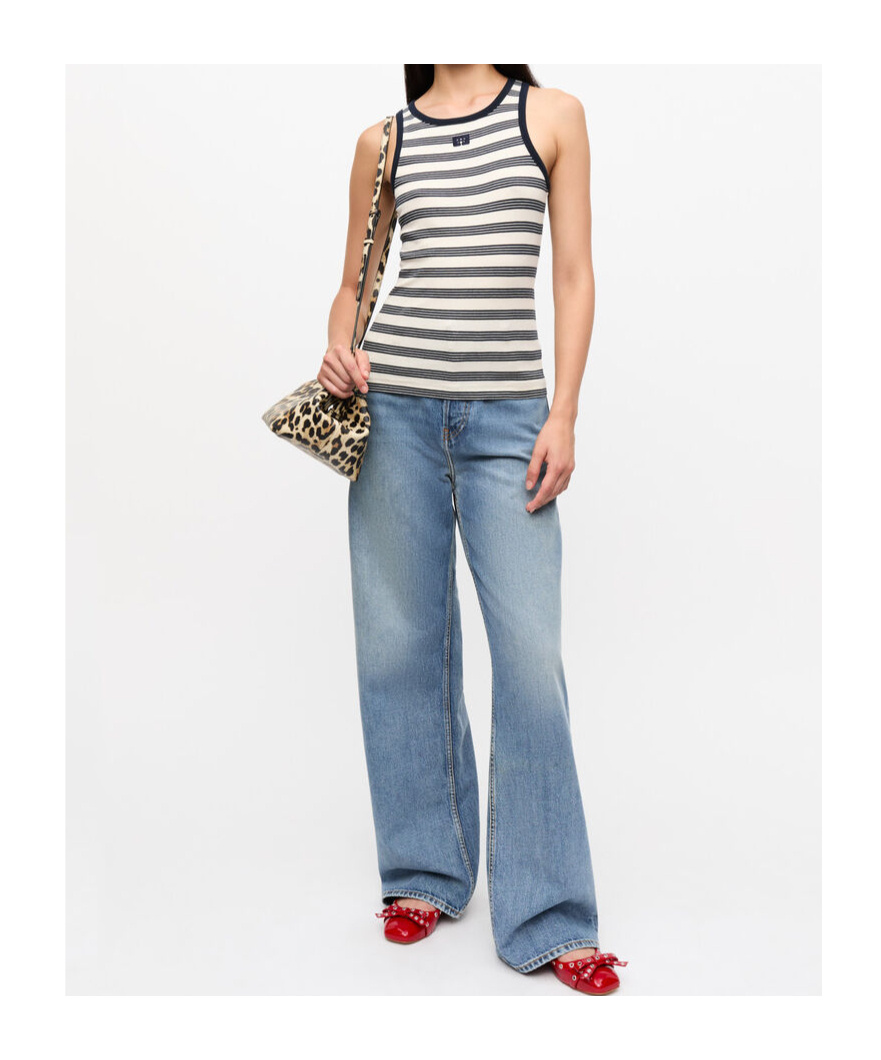 Ganni Womens Sky Captain Striped Ribbed Stretch-cotton Top In White