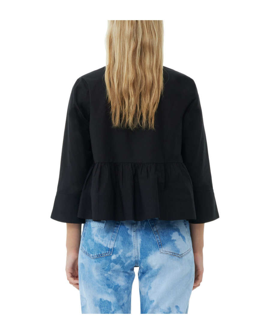 Ganni Long Sleeve Cotton Poplin Tie String Peplum Blouse In Black