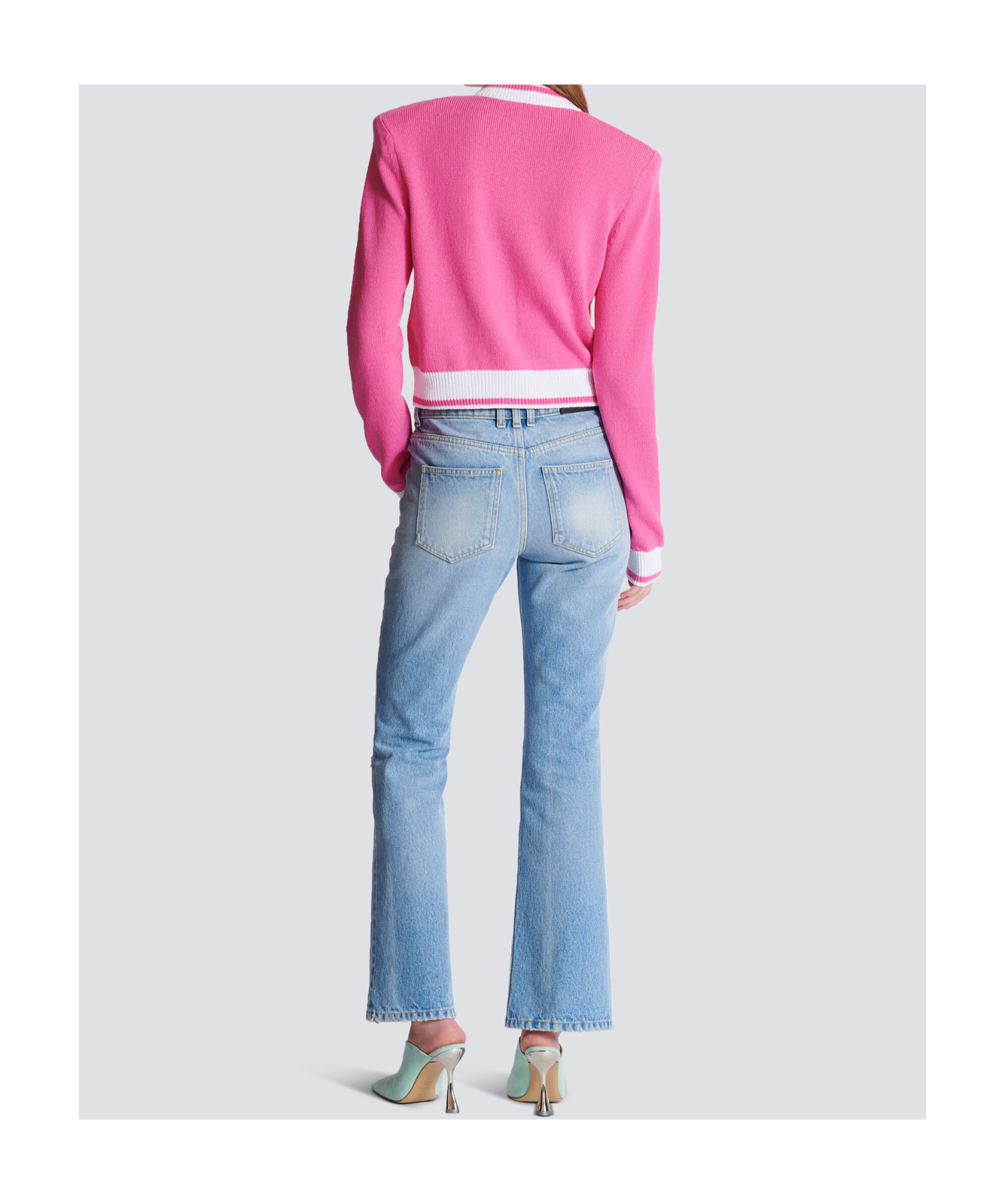 Balmain Strong-shoulder Signature Buttoned Knit Cardigan In Pink