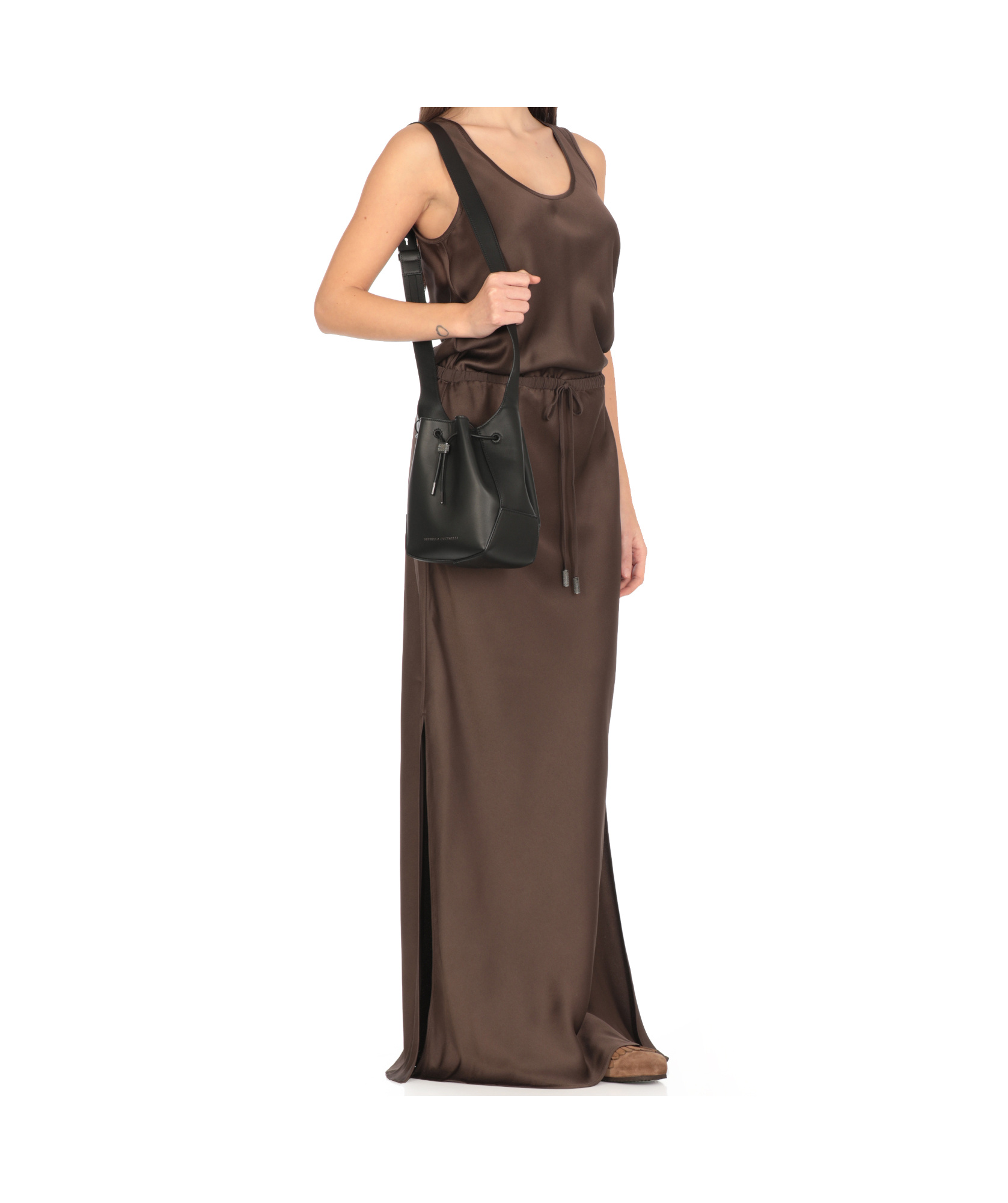 BRUNELLO CUCINELLI BRUNELLO CUCINELLI LOGO EMBOSSED EMBELLISHED BUCKET BAG