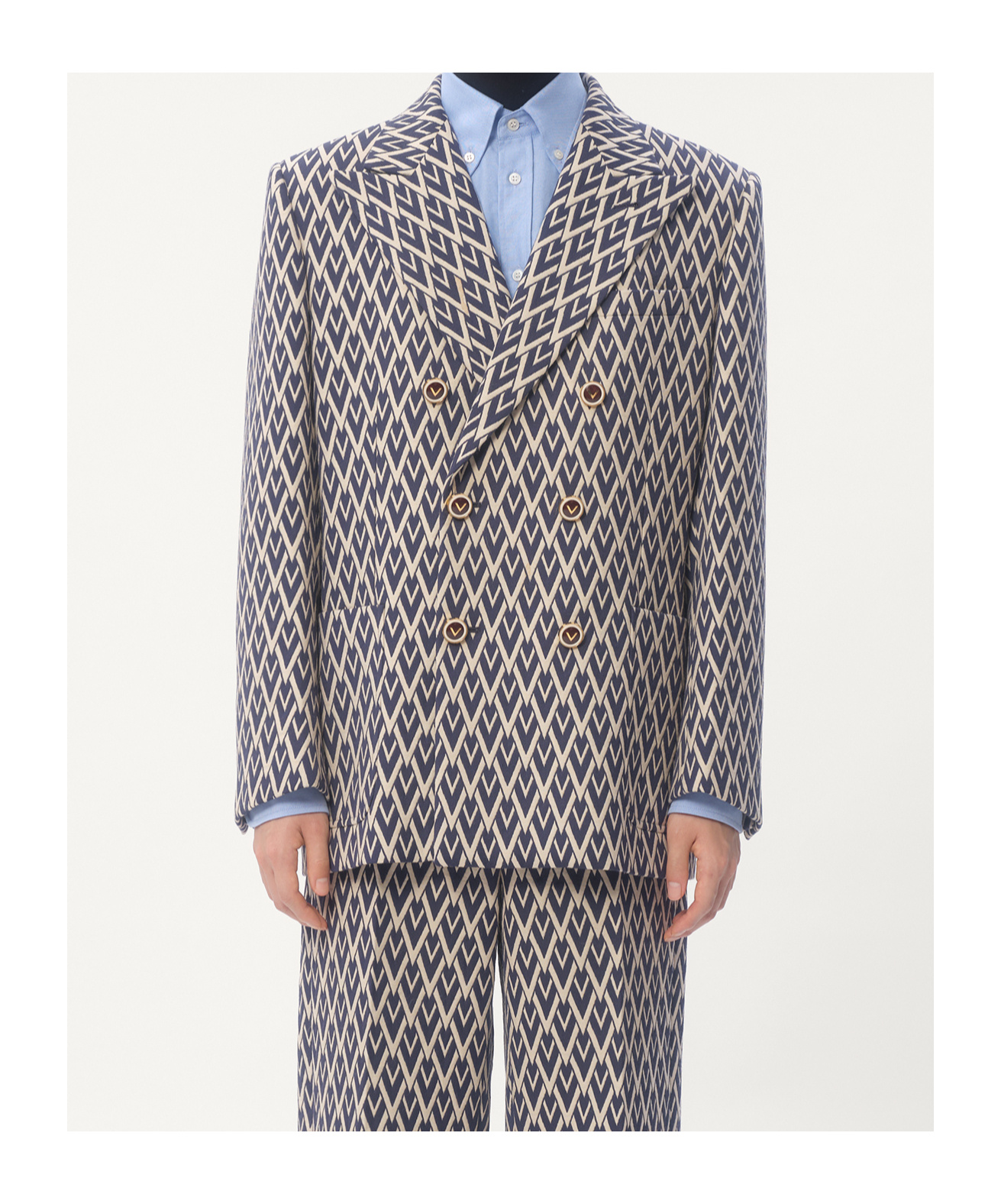 Valentino Double-breasted Wool Jacket With Toute La V Jacquard Pattern In Dark Blue/cream