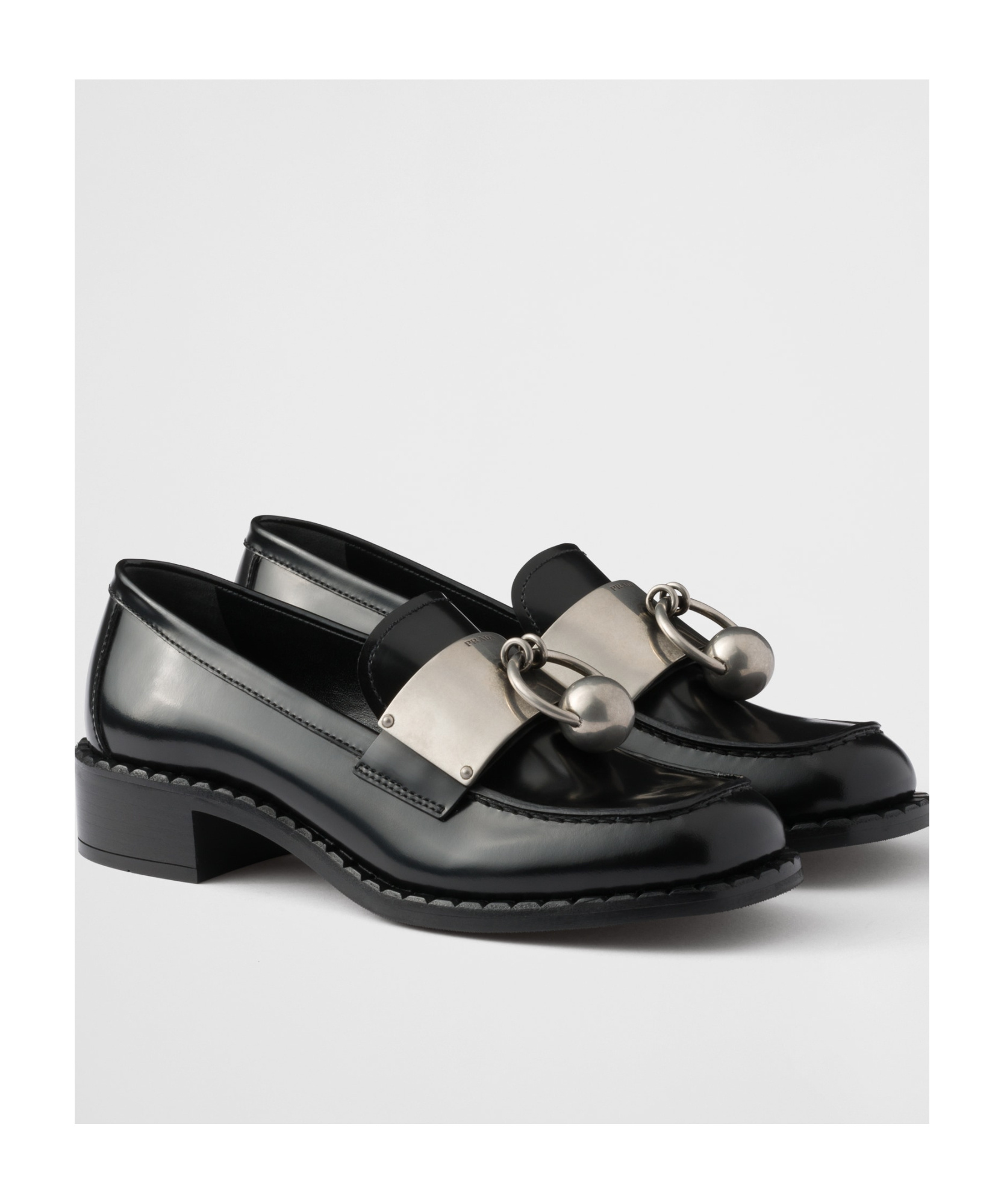 Prada Leather Loafers With Block Heel And Metallic Detail In Black
