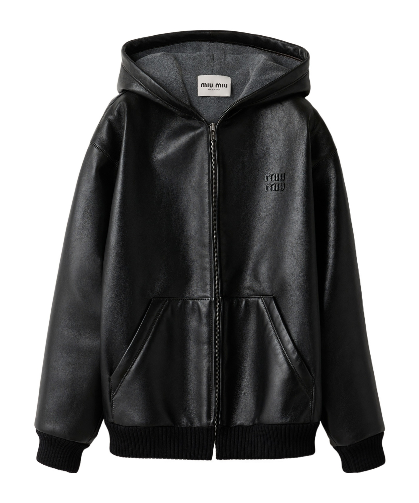 Miu Miu Nappa Leather Hoodie Jacket In Black