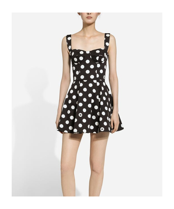 Dolce & Gabbana Black And White Corset Minidress With Polka-dots Print In Cotton Drill Woman In Black