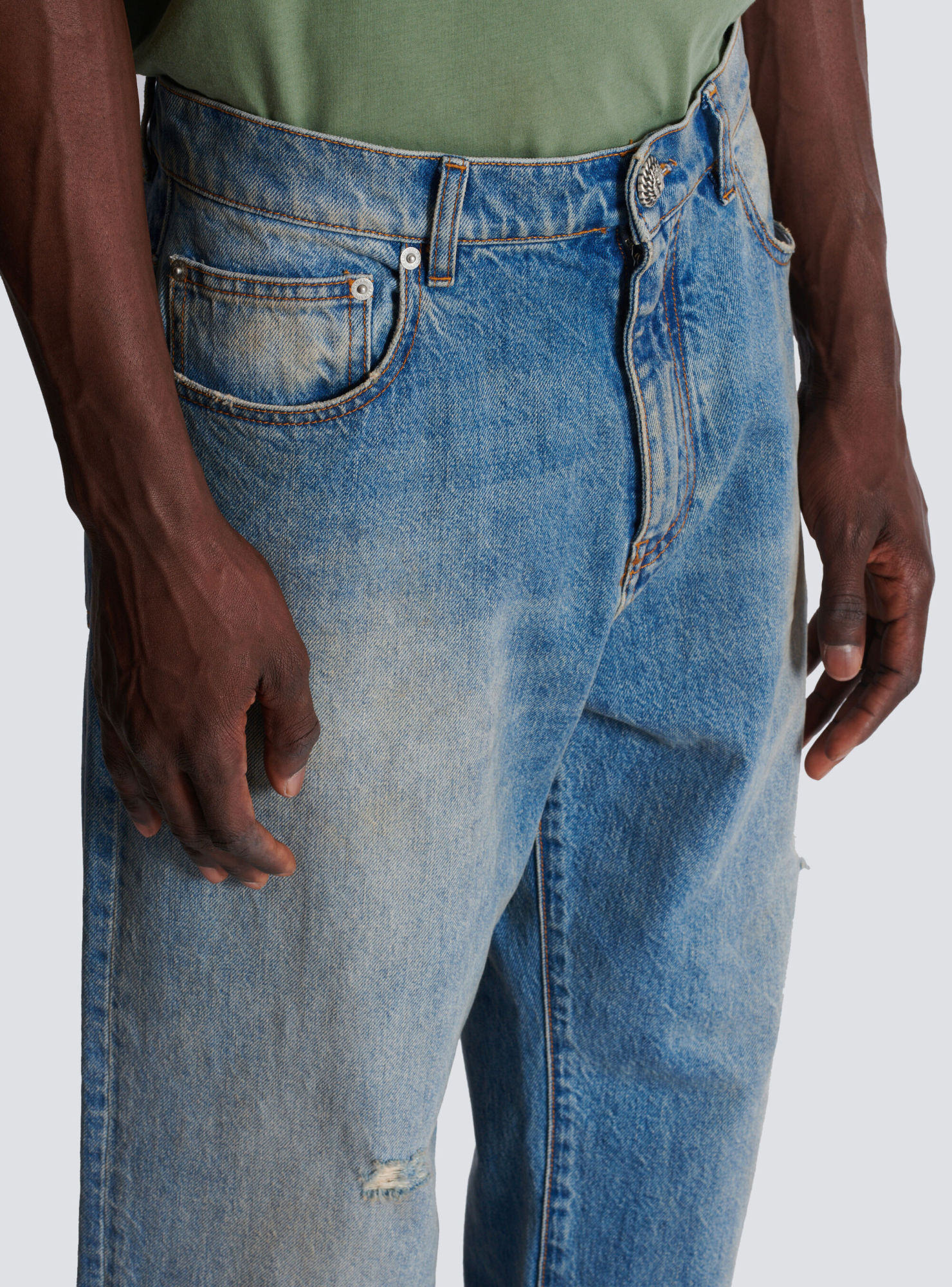 Balmain Distressed And Ripped Blue Jeans In Gray