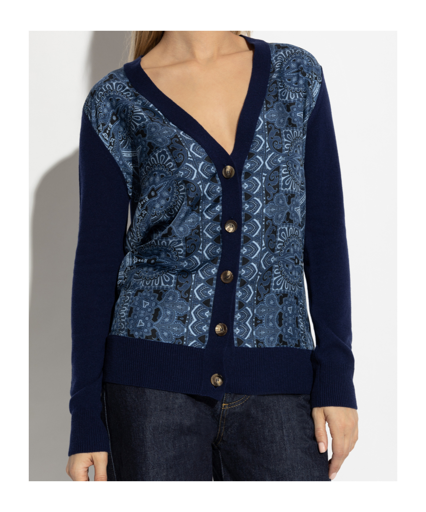 Etro , Cardigan With Silk Scarf Motif, Woman, Navy Blue, Size 48 In Black