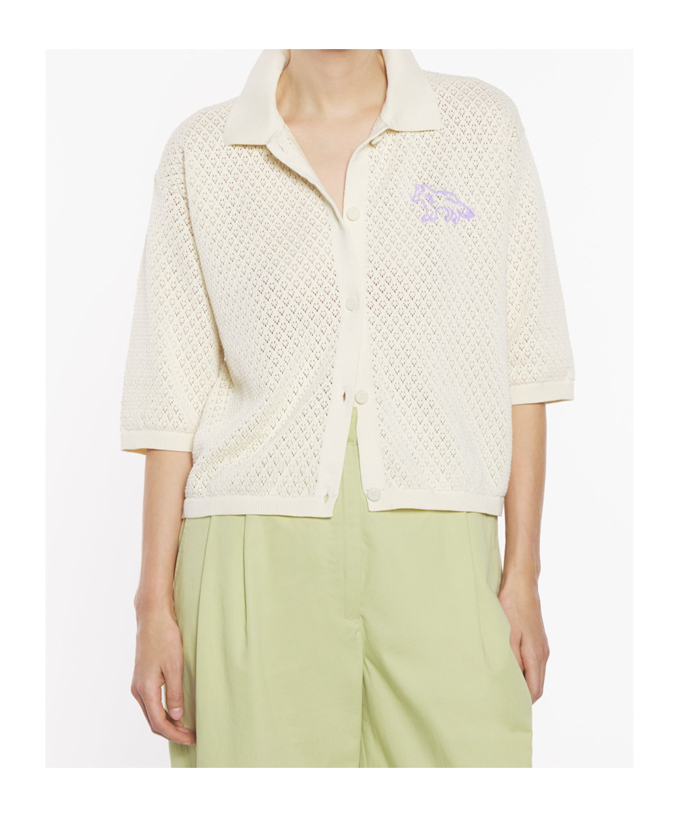Shop Maison Kitsuné Baby Fox Embroidered Pointelle Cardigan In Rich Vanilla