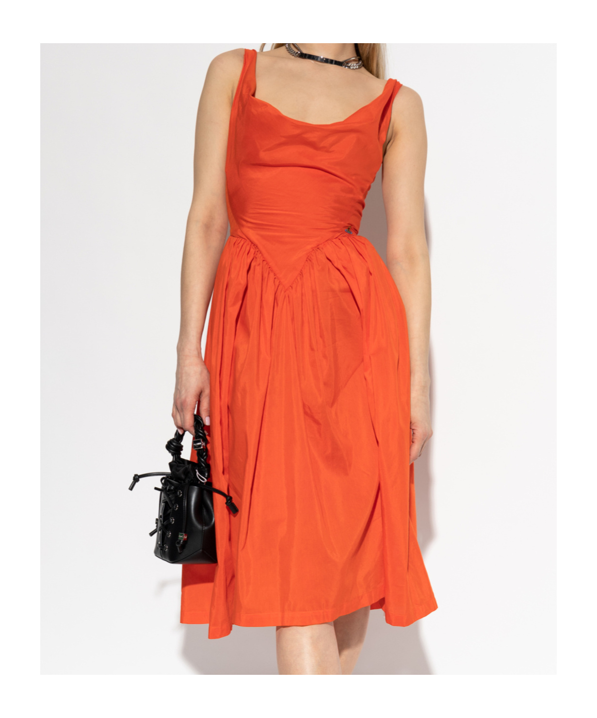 Vivienne Westwood Draped Neckline Midi Dress With Gathered Waist In Orange