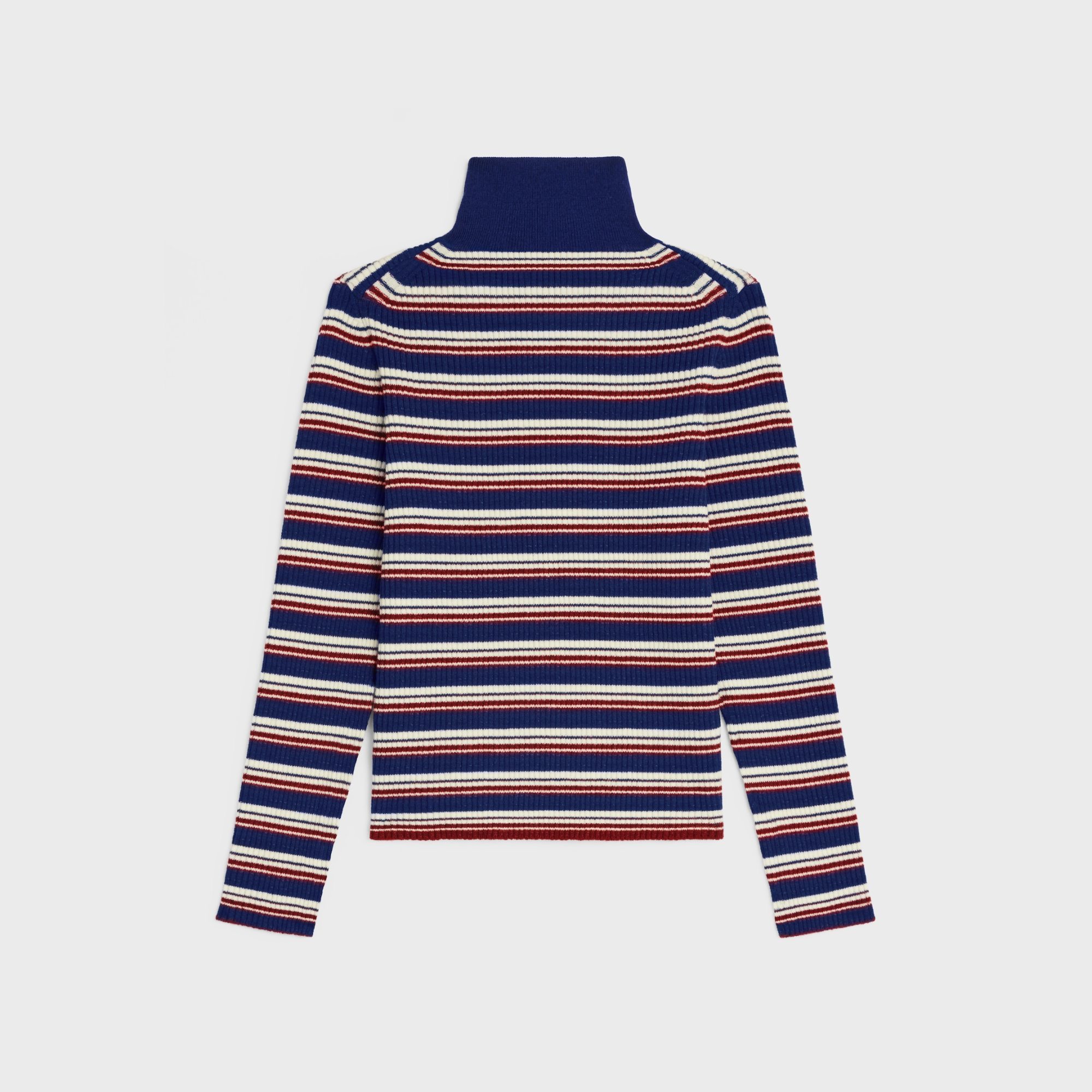 Celine Turtleneck Sweater In Striped Ribbed Wool In Blue