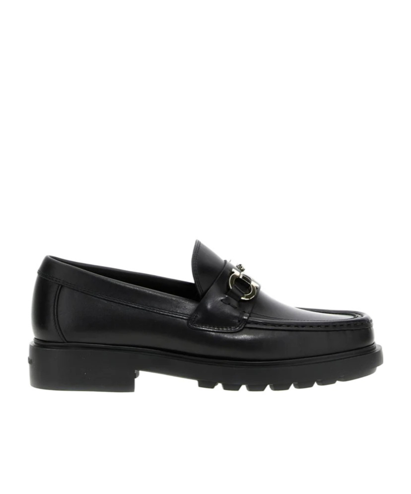Ferragamo Black Leather Loafers With Gancini Ornament In Black