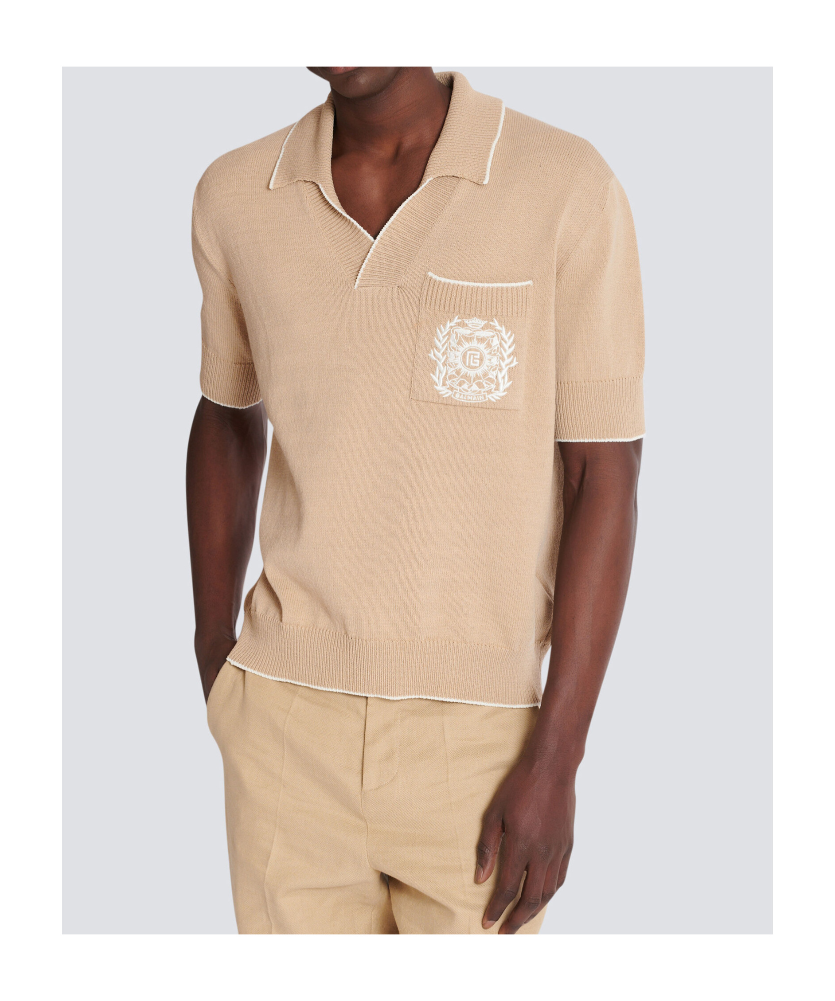 Shop Balmain Écusson Embroidered Knit Polo Shirt