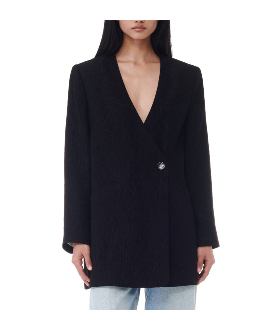 Ganni Textured Collarless Jacket In Black