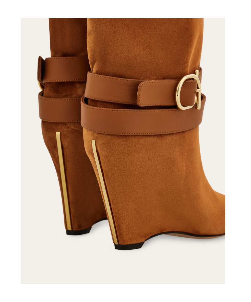 Ferragamo Knee High Boot With Wedge Heel In Brown