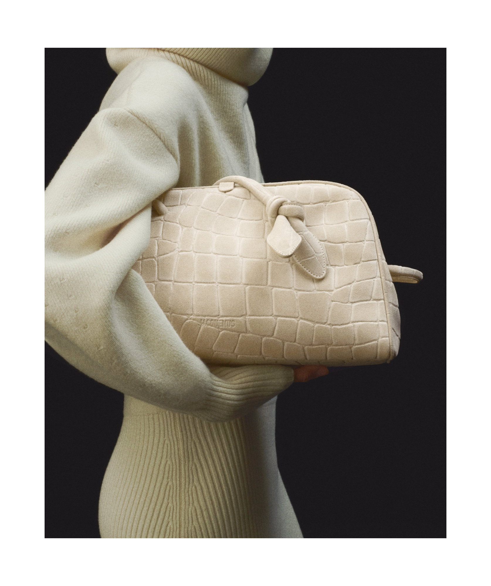 Jacquemus Croc-embossed Leather Shoulder Bag With Knotted Handle In White