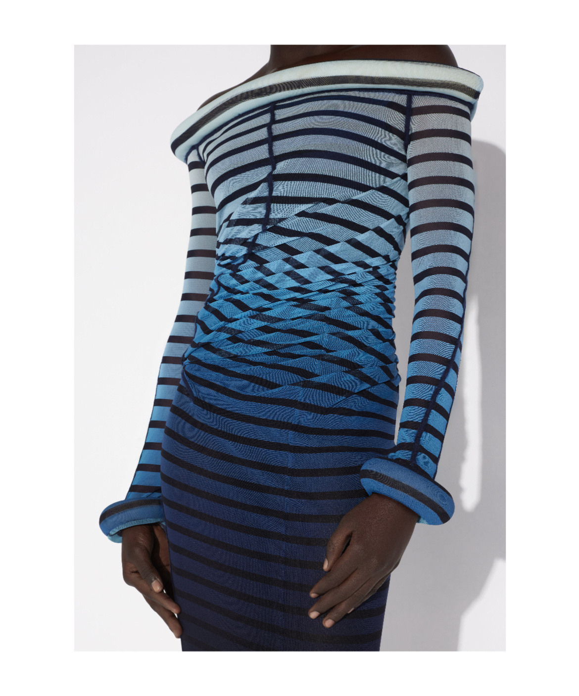 Jean Paul Gaultier Elegant Mesh Boat Neck Long Dress With 3d Collar And Cuff In Blue