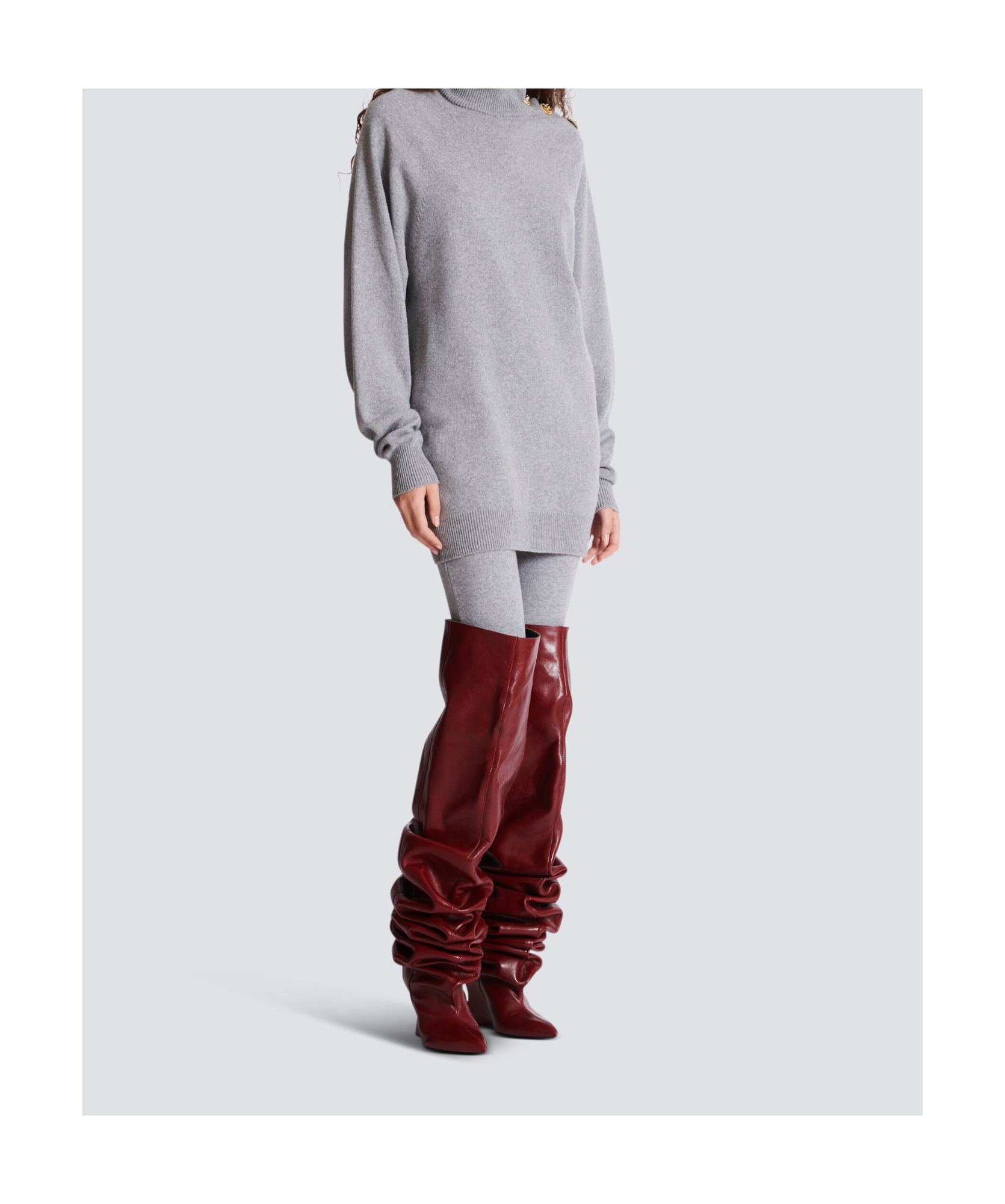 Balmain Cashmere Wool Turtleneck Dress Gold Button Detail In Gray