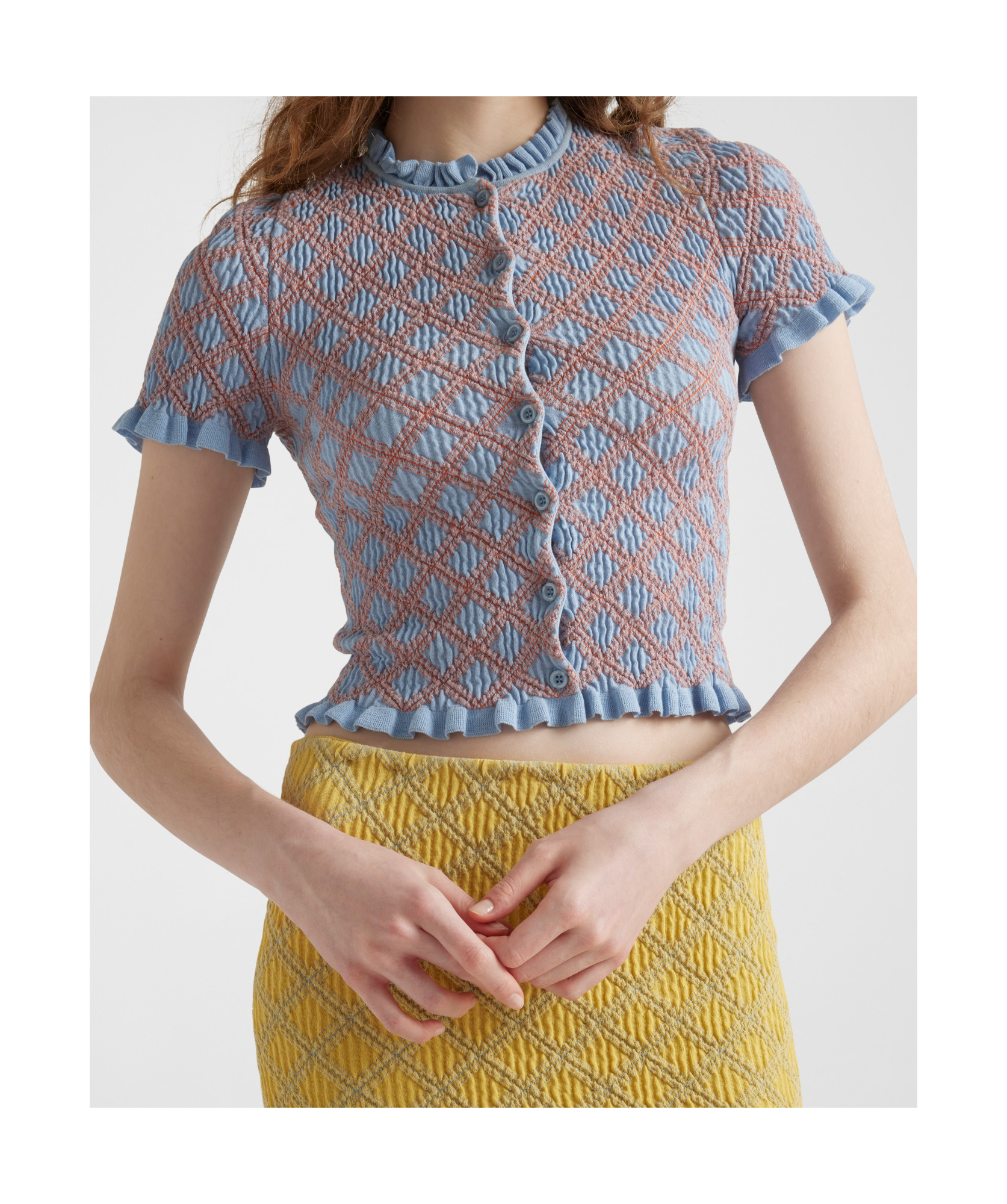 Prada Smocked Knit Diamond-embroidered Top In Blue