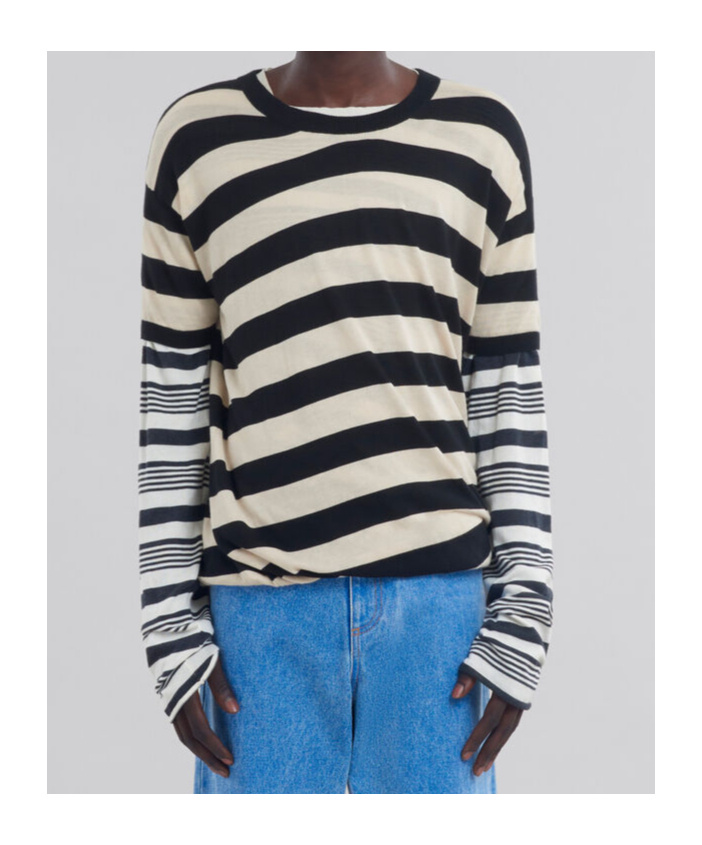 Shop Marni Black And White Layered Cotton Crew-neck With Contrast Stripes