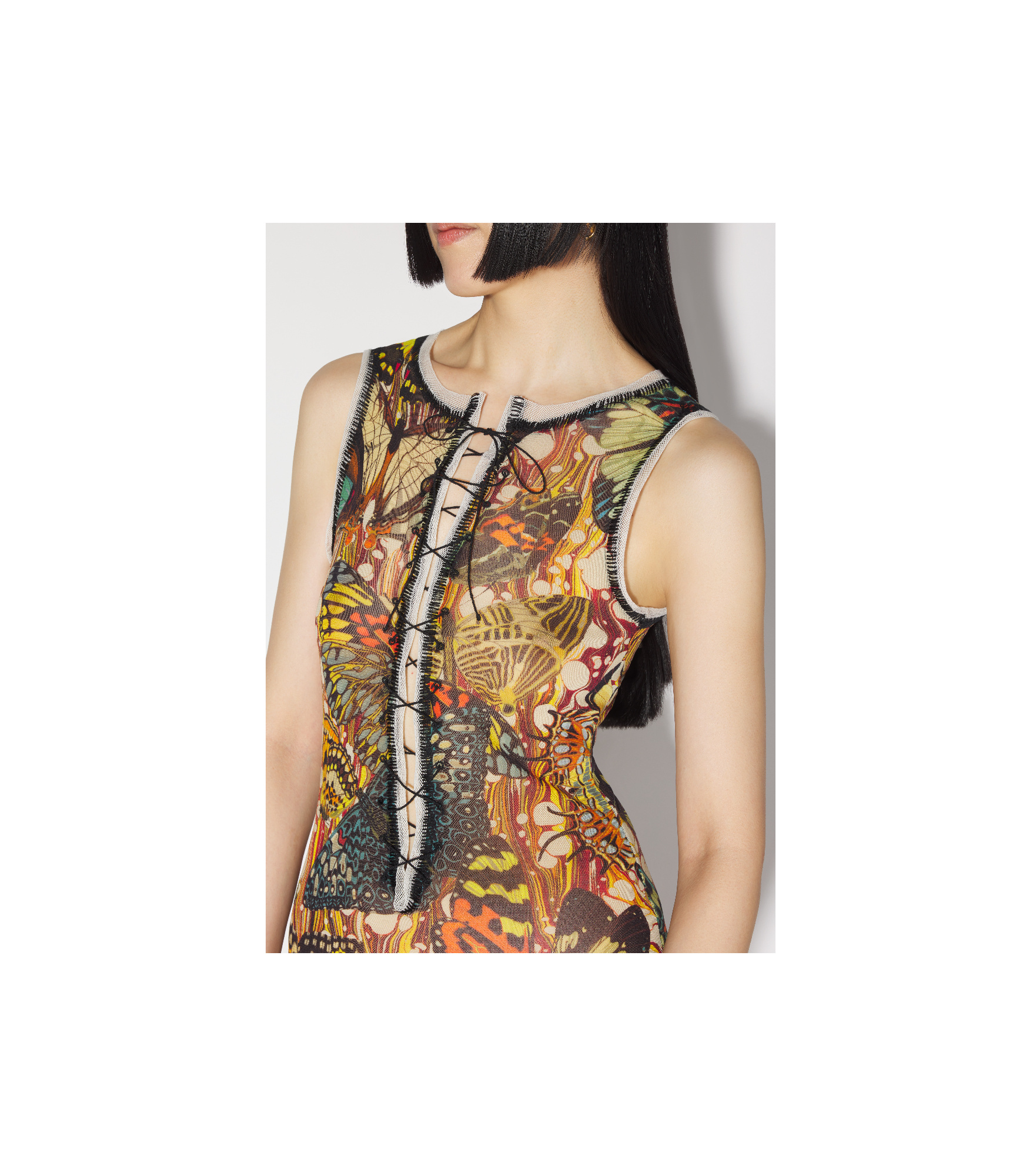 Jean Paul Gaultier Printed Lace-trimmed Mesh Maxi Dress In Multicolor