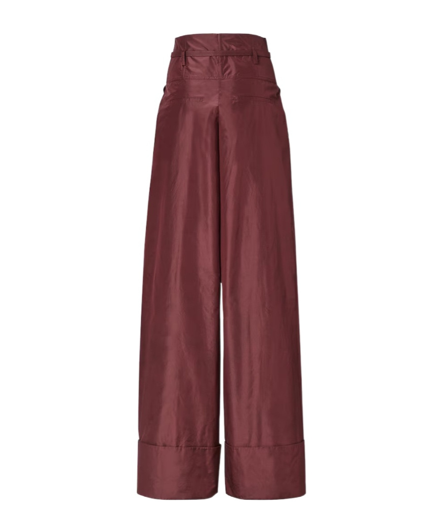 Fendi Women Bordeaux Pants With Ff Buckle Belt And Maxi Turn-up Hem In Silk Woman In Red