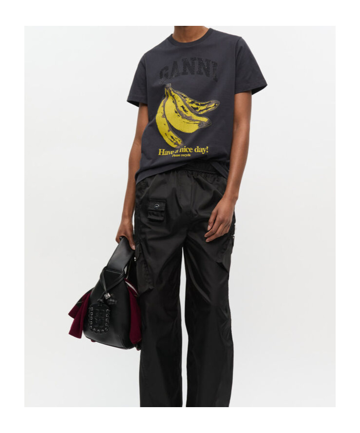 Ganni Crew-neck Cotton T-shirt With Banana Print In Gray