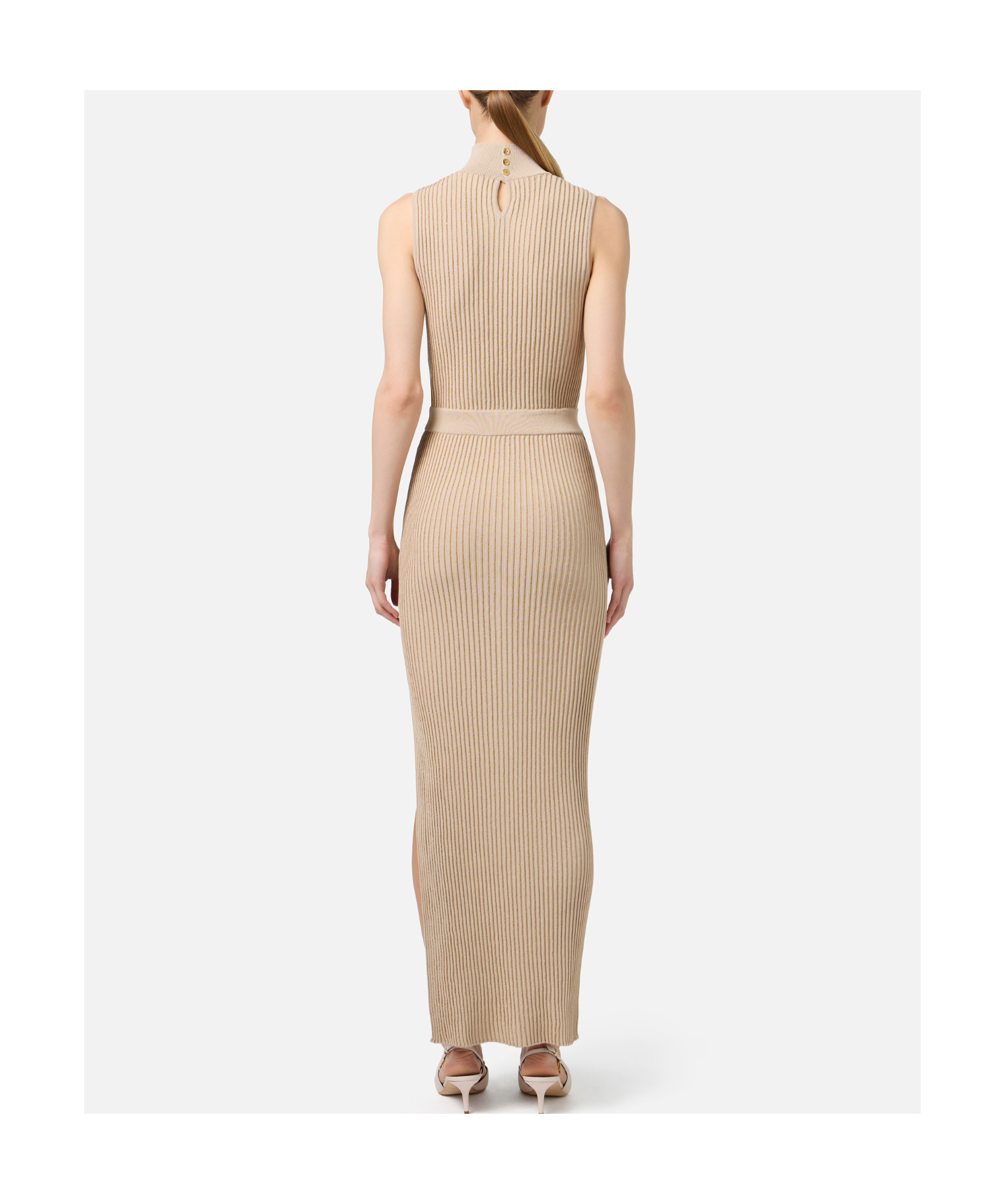 Elisabetta Franchi Ribbed High-neck Maxi Dress In Nude