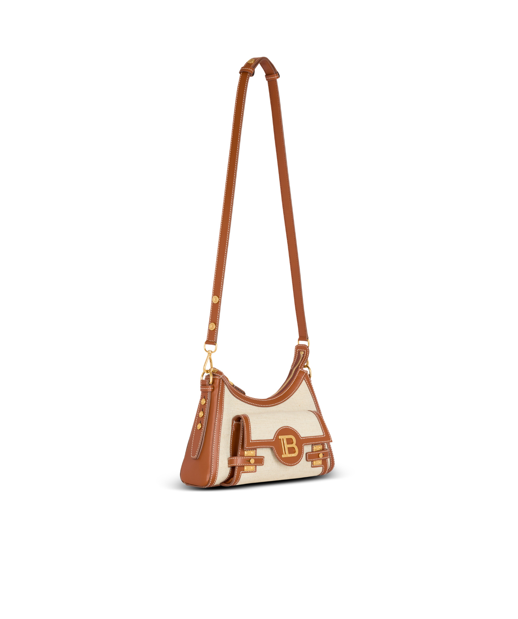Shop Balmain B-buzz Hobo Bag In Leather And Canvas In Nude
