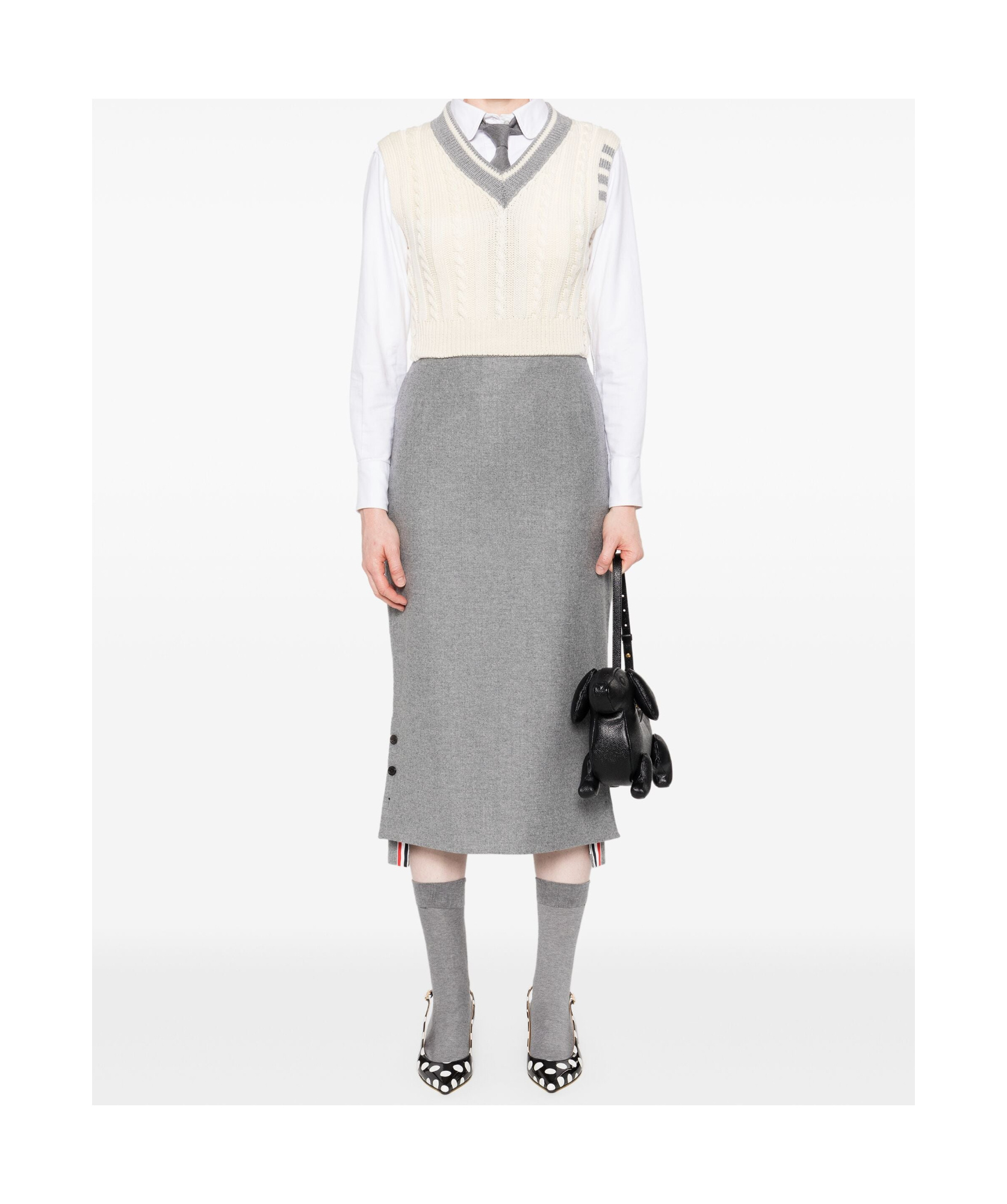 Thom Browne Classic Baby Cable Stitch Cropped V Neck Pullover In White