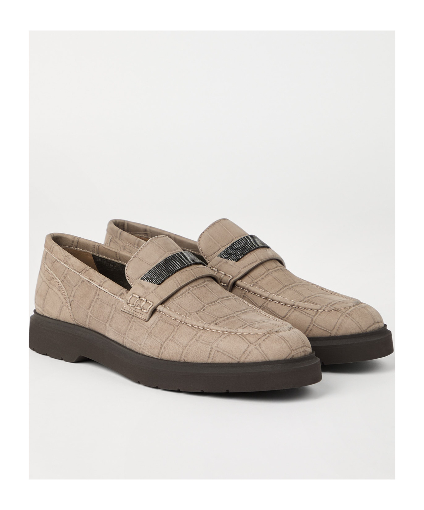 Brunello Cucinelli Crocodile Effect Round Toe Flat Sole Loafers In Neutral