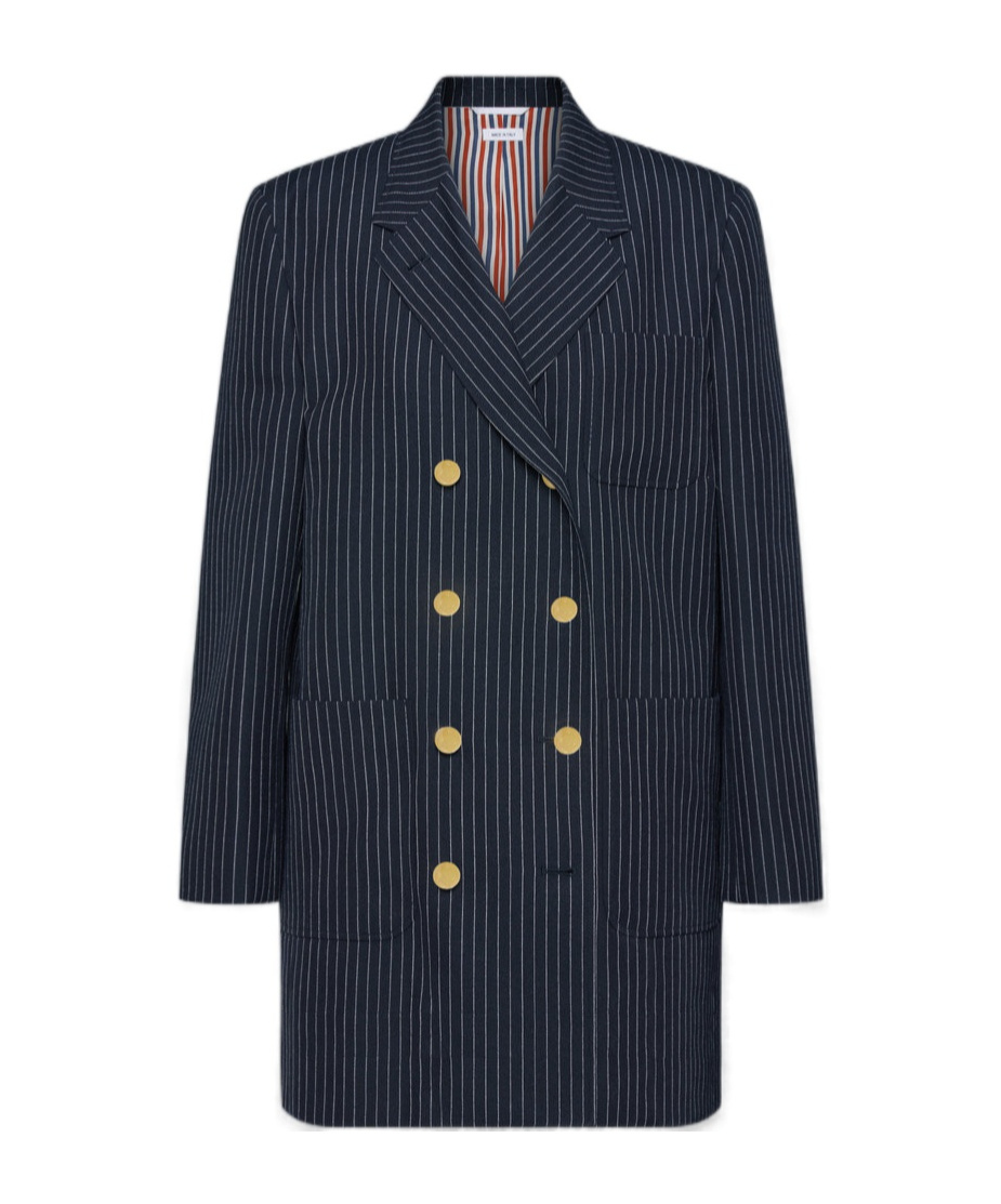 Thom Browne Pinstripe High Twist Wool Sack Sportcoat Dress In Blue