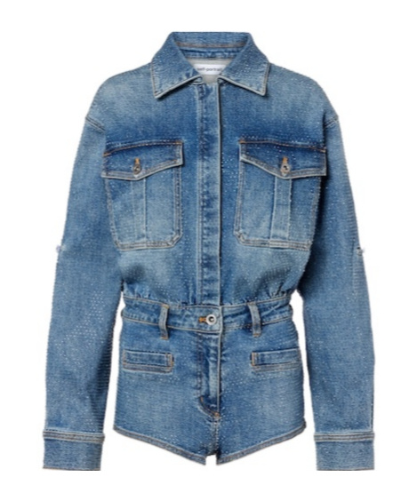 Self-portrait Embellished Denim Romper In Blue