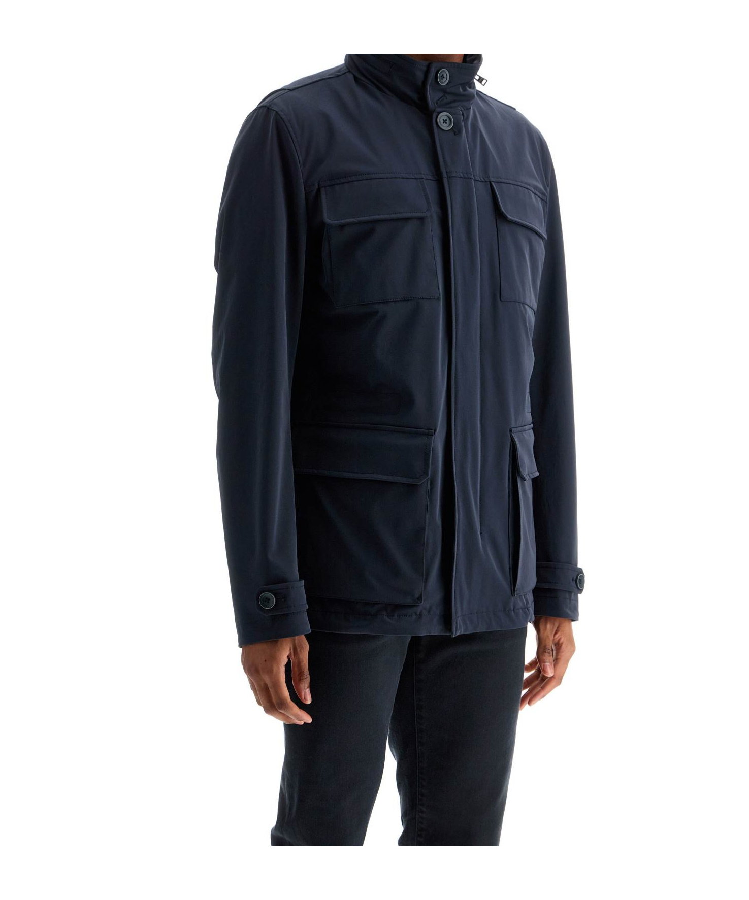 Herno Dark Blue Polyester City Life Jacket With High Collar In Black