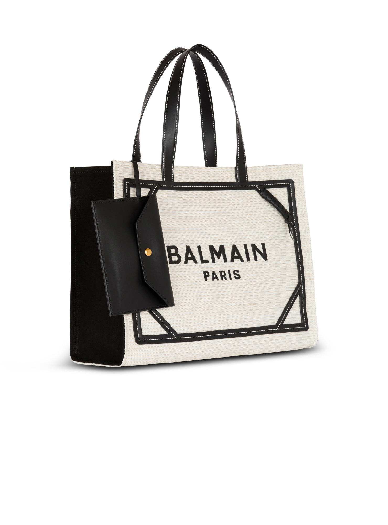 Balmain B-army Medium Shopper Tote Bag In Raffia And Leather In White