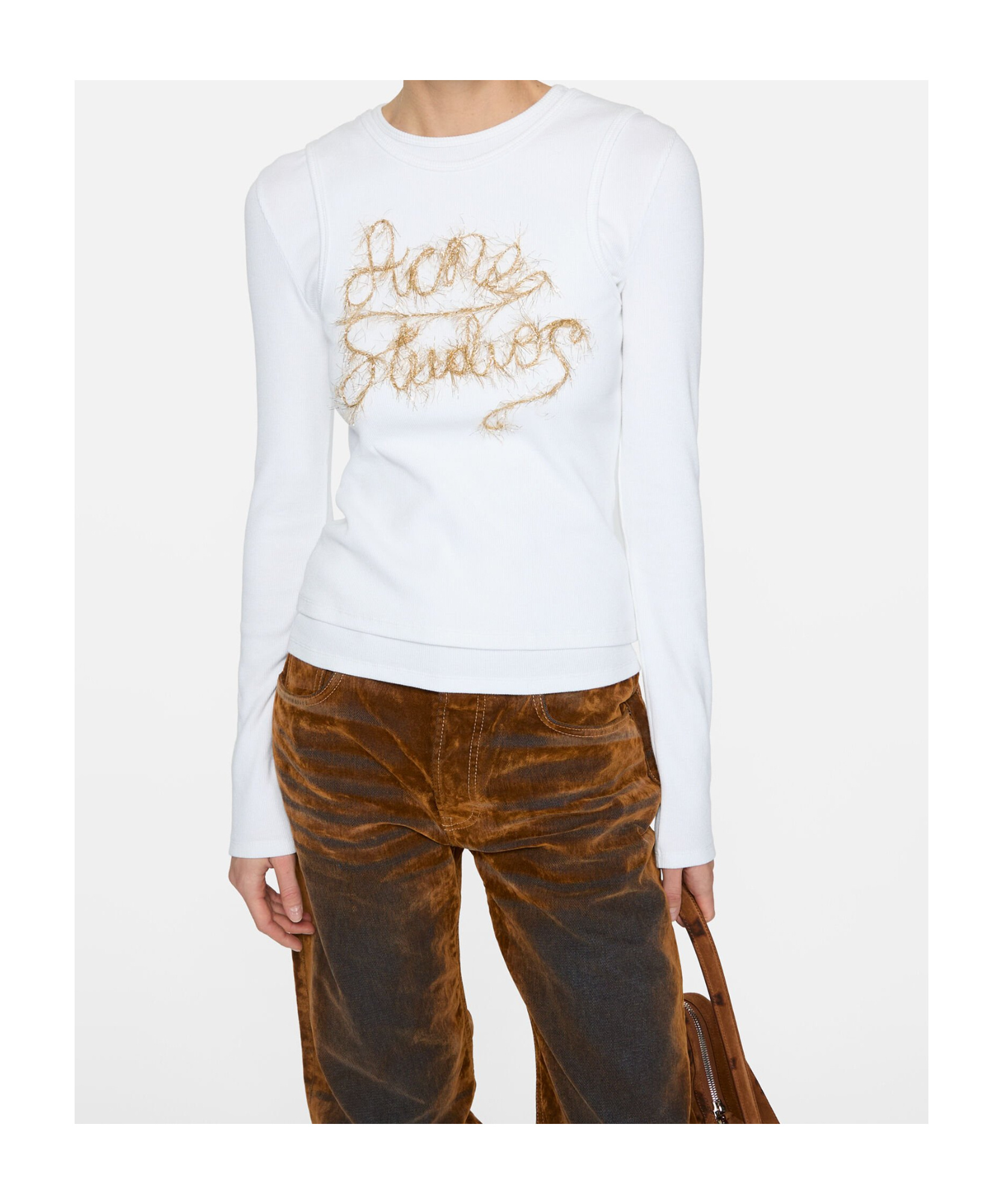 Acne Studios Elga Tinsel Logo Rib Long Sleeve Layered T-shirt In White