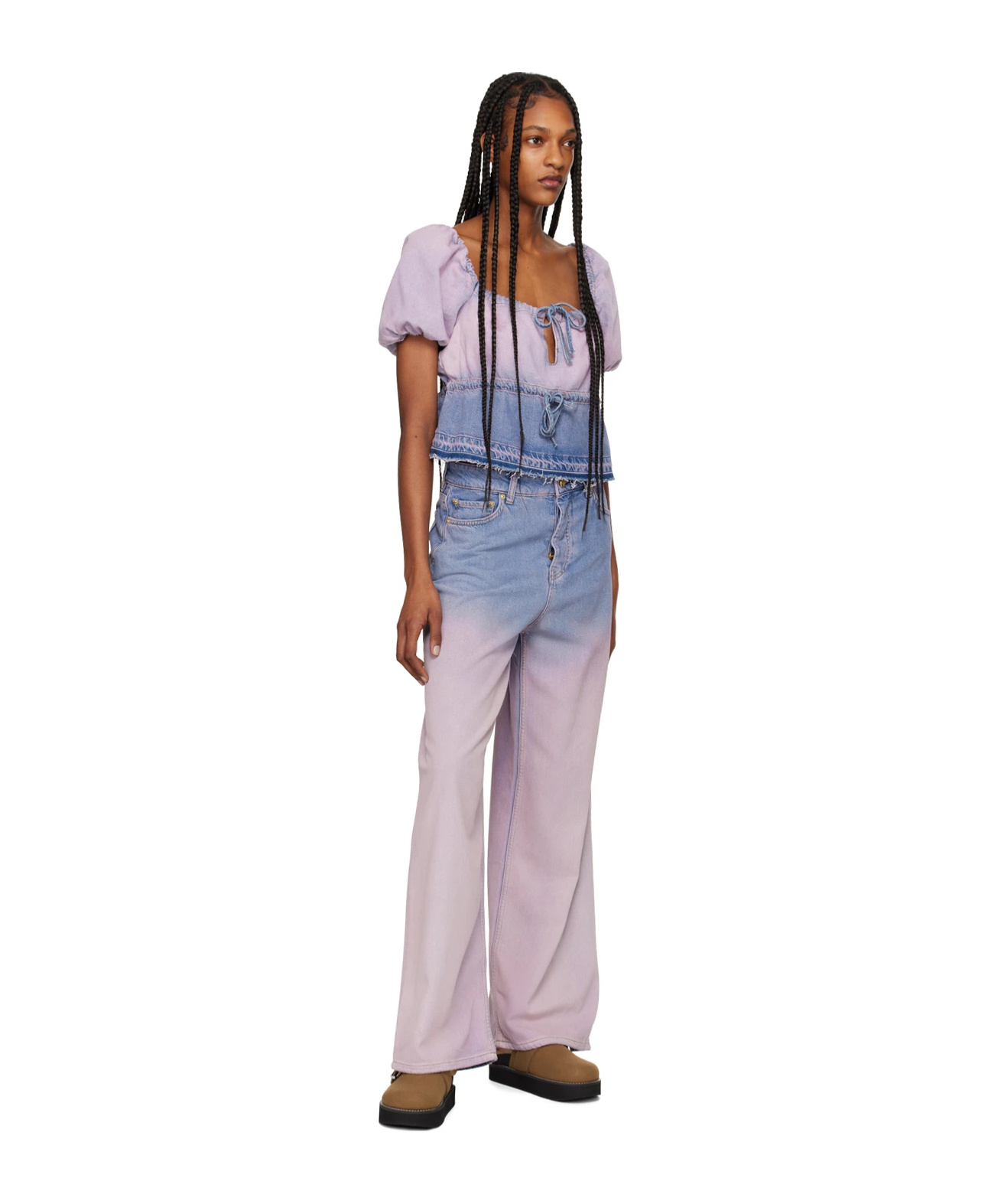 Shop Ganni Purple Bleach Future Denim Puff Sleeve Top In Multicolor