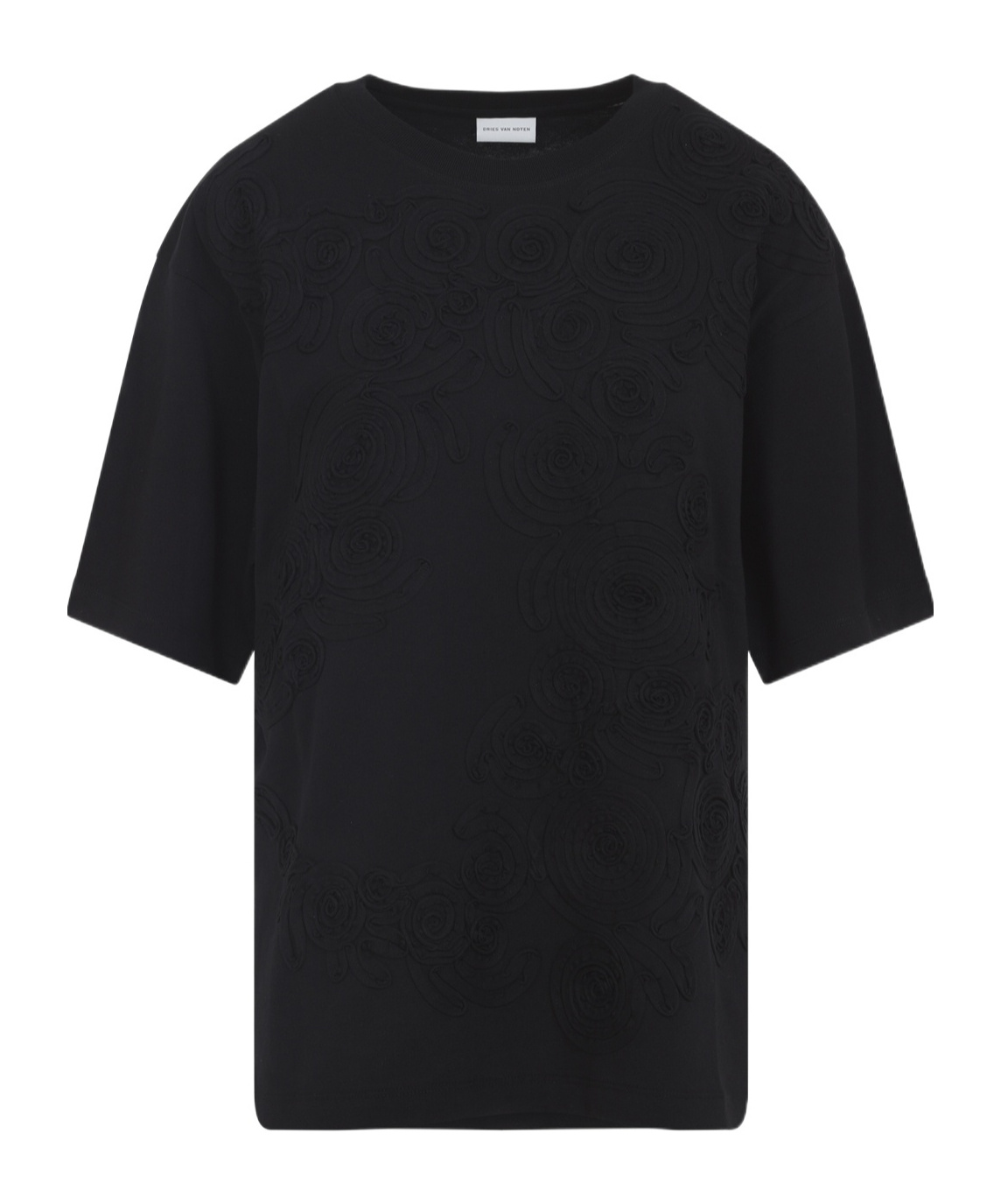 Dries Van Noten Black Short-sleeve T-shirt With Tonal Swirl Embroidery In Black