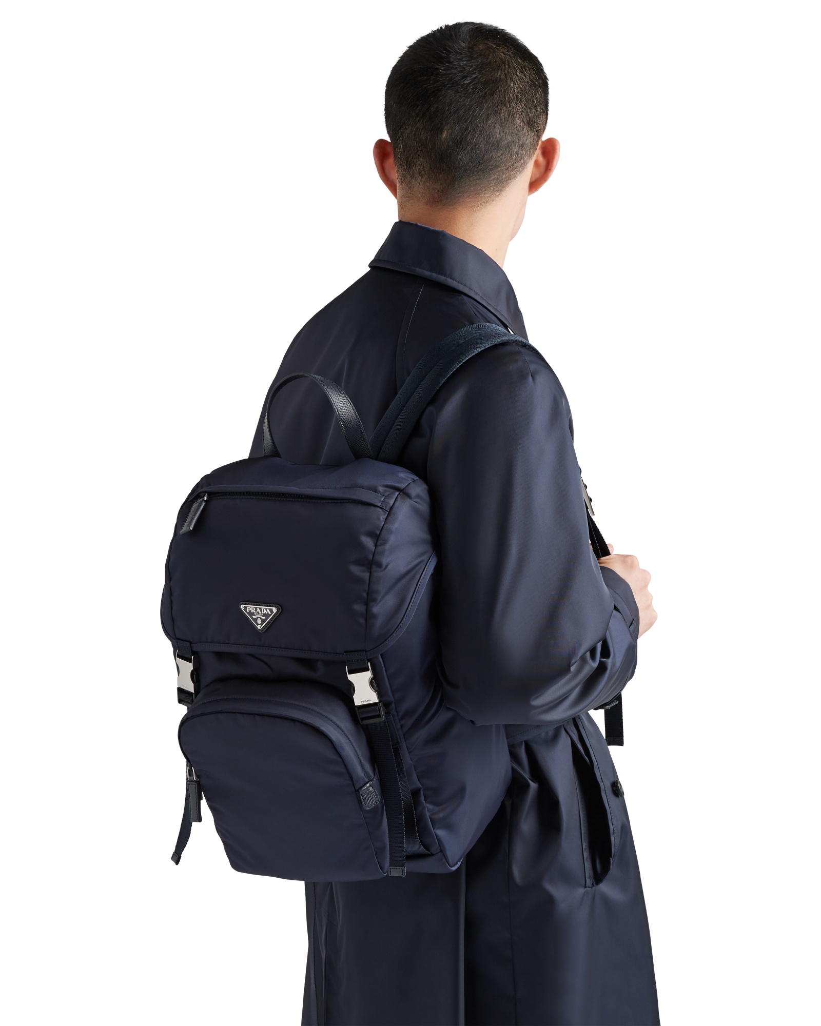 Prada Structured Leather Backpack With Logo Zipper Closure In Blue