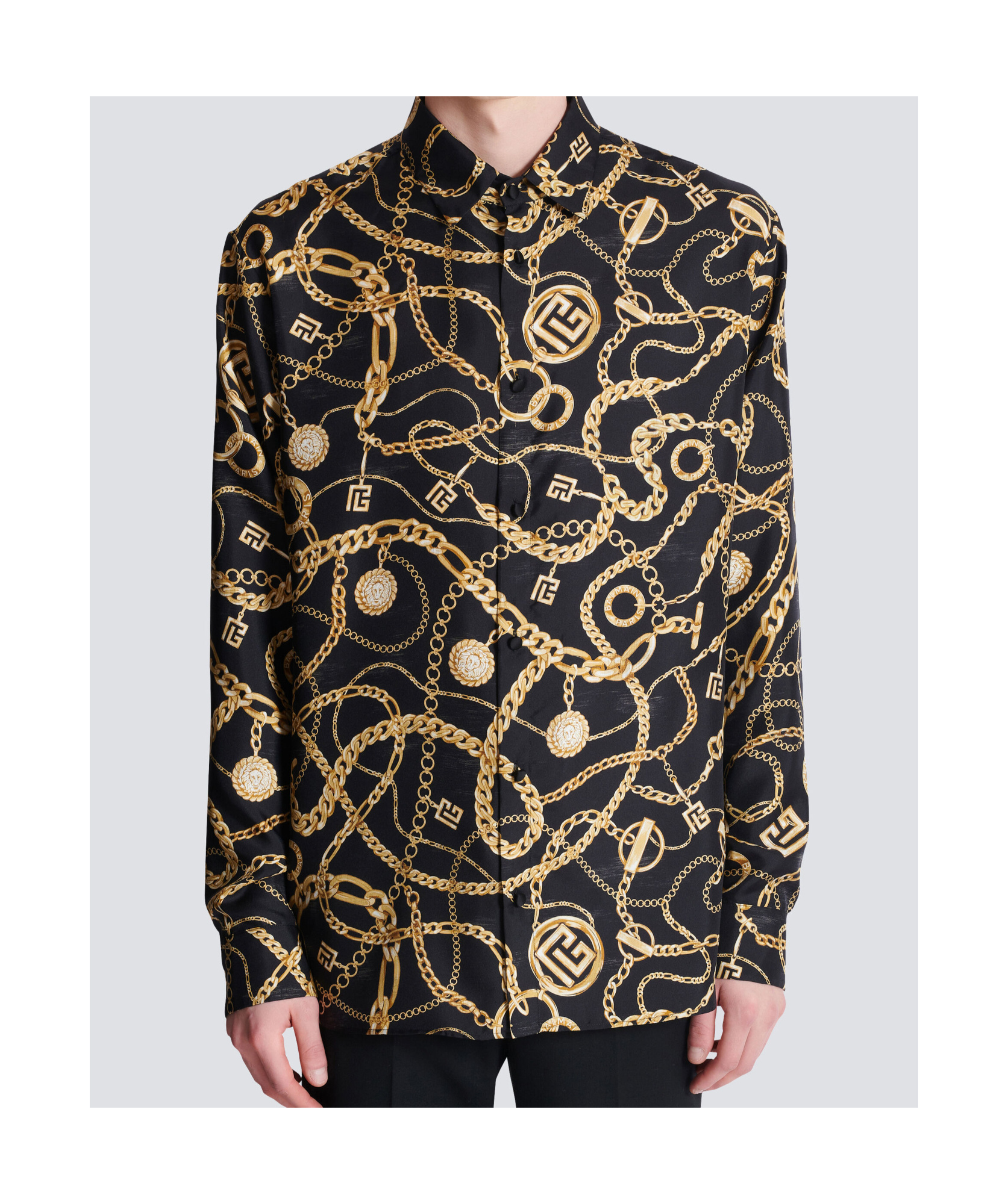 Balmain Black Shirt With Pointed Collar And Chain Print With Logo In Silk Man In Black